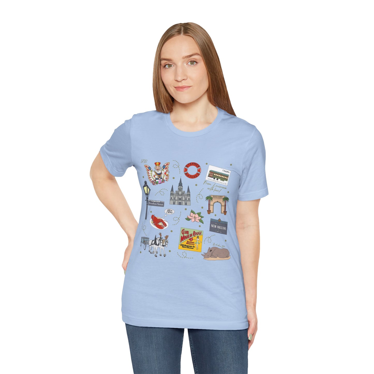 Unisex Jersey Short Sleeve Tee with New Orleans, Louisiana LA landmarks print