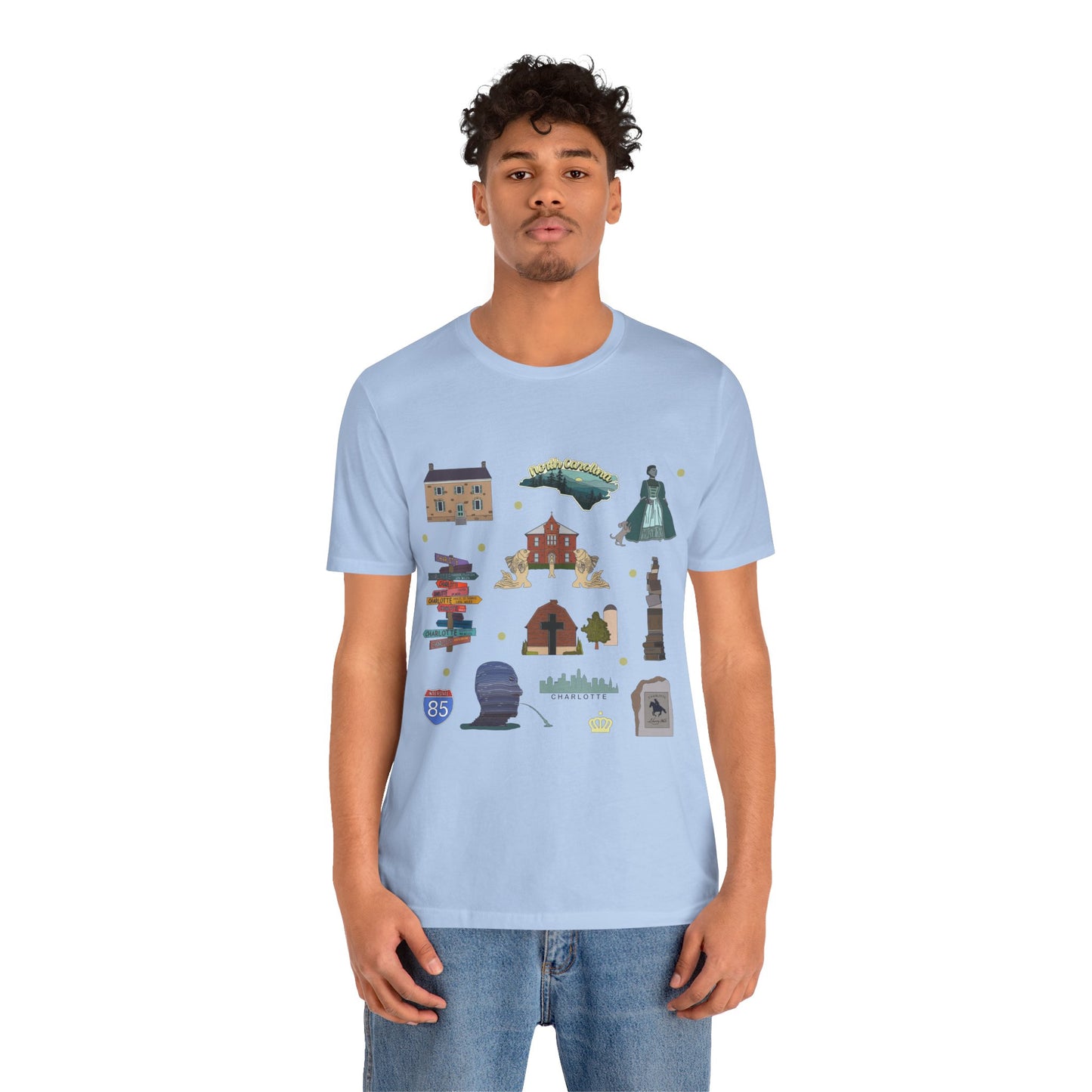 Unisex Jersey Short Sleeve Tee with Charlotte, North Carolina NC landmarks print