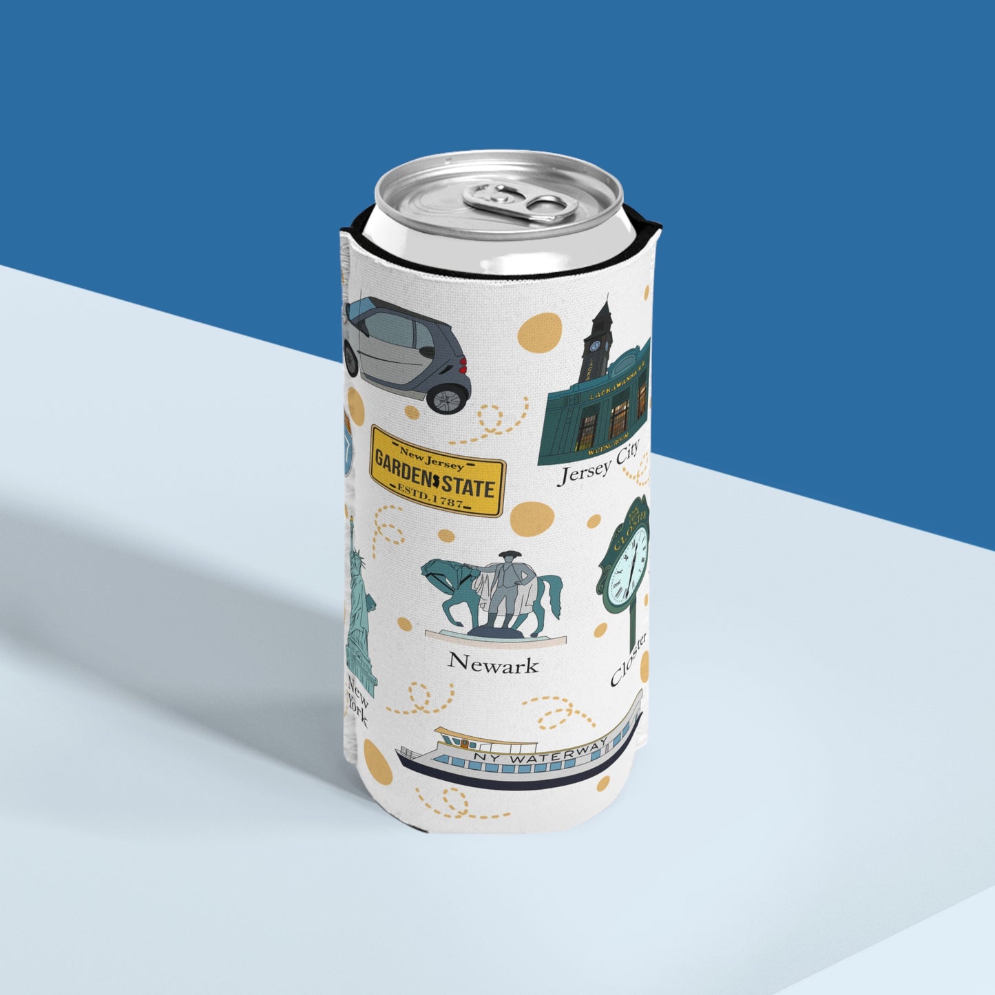 Slim Can Cooler with New Jersey cities, NJ Trenton, Closter, Englewood, Newark, Hoboken