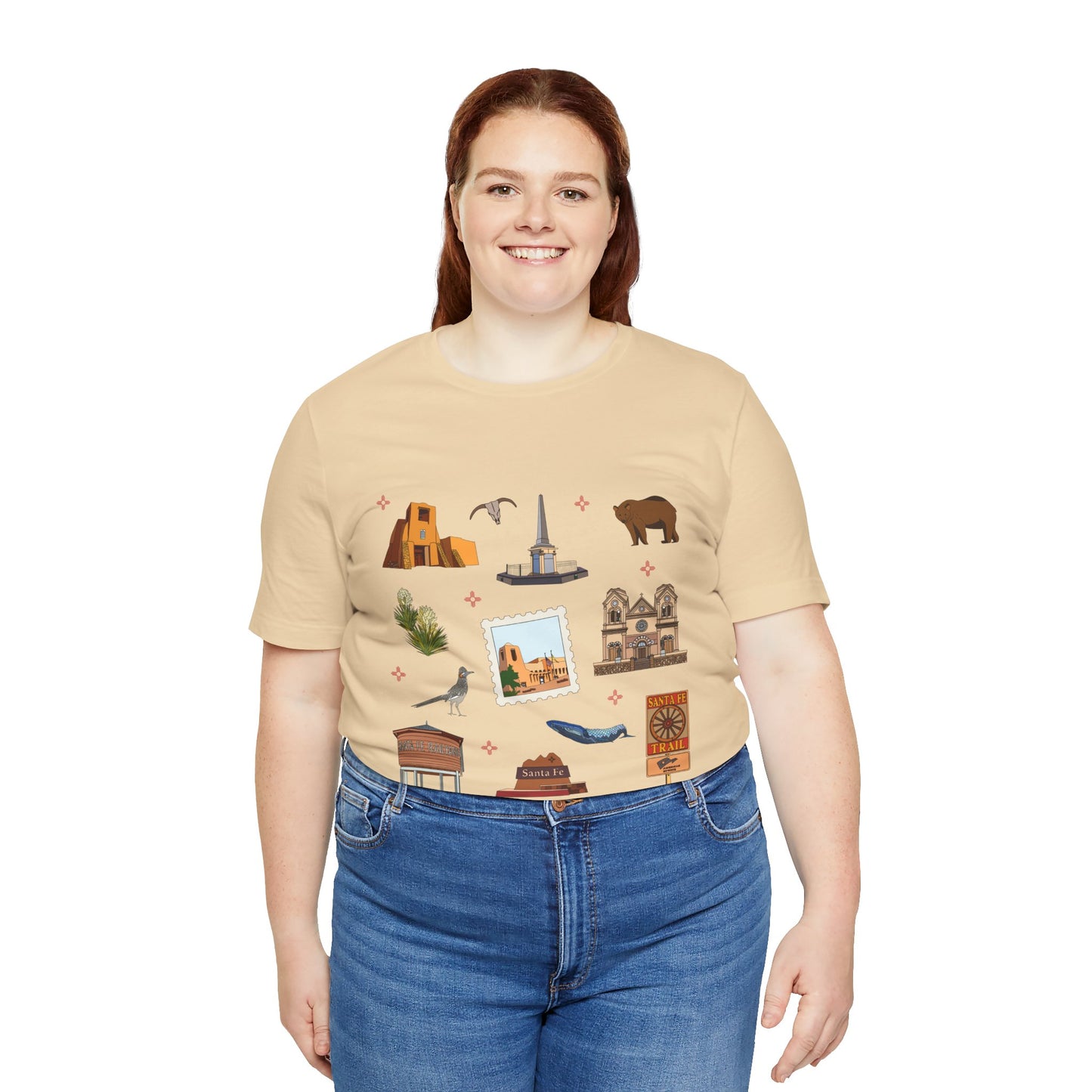 Unisex Jersey Short Sleeve Tee with Santa Fe, New Mexico NM landmarks print