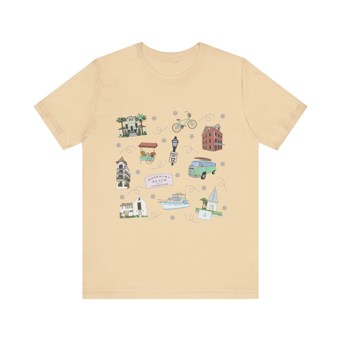 Unisex Jersey Short Sleeve Tee with Rosemary & Alys Beaches of 30A Florida FL landmarks print