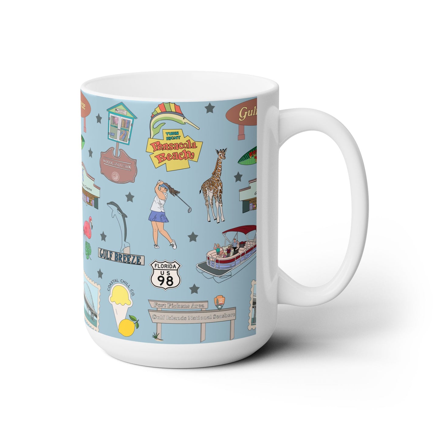 Ceramic Mug 15oz with Gulf Breeze, FL in ocean blue