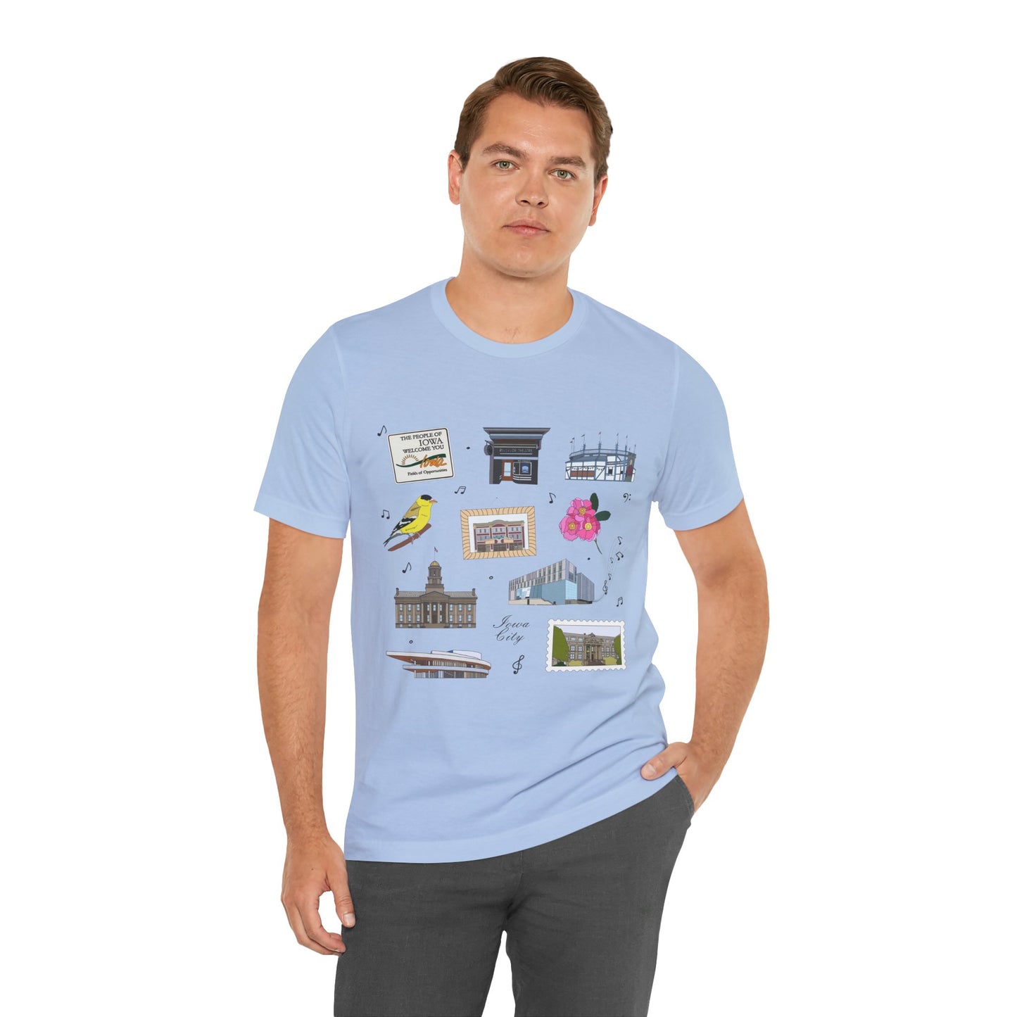 Unisex Jersey Short Sleeve Tee with Iowa City, Iowa IA landmarks print