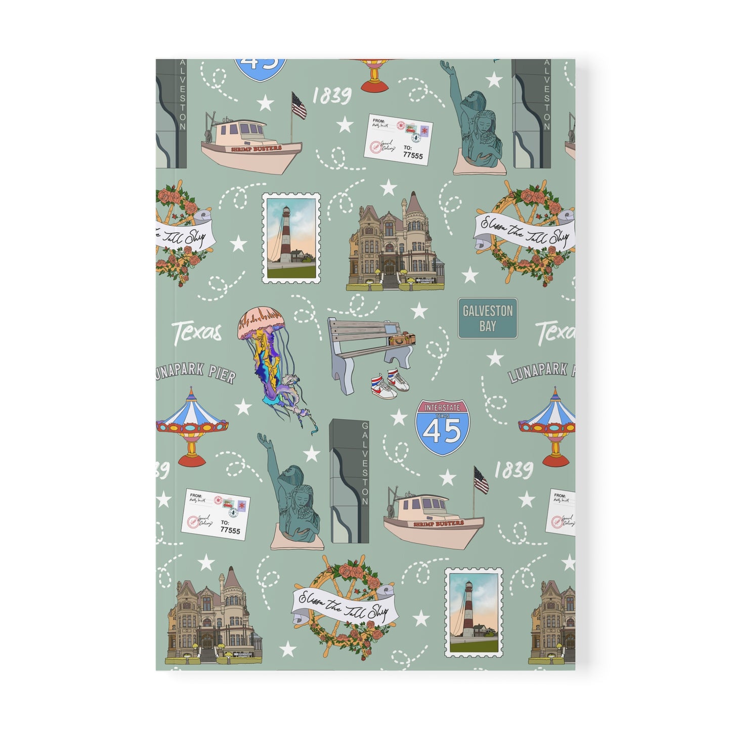 Paperback notebook with Galveston, Texas TX landmarks in seafoam 150 lined pages