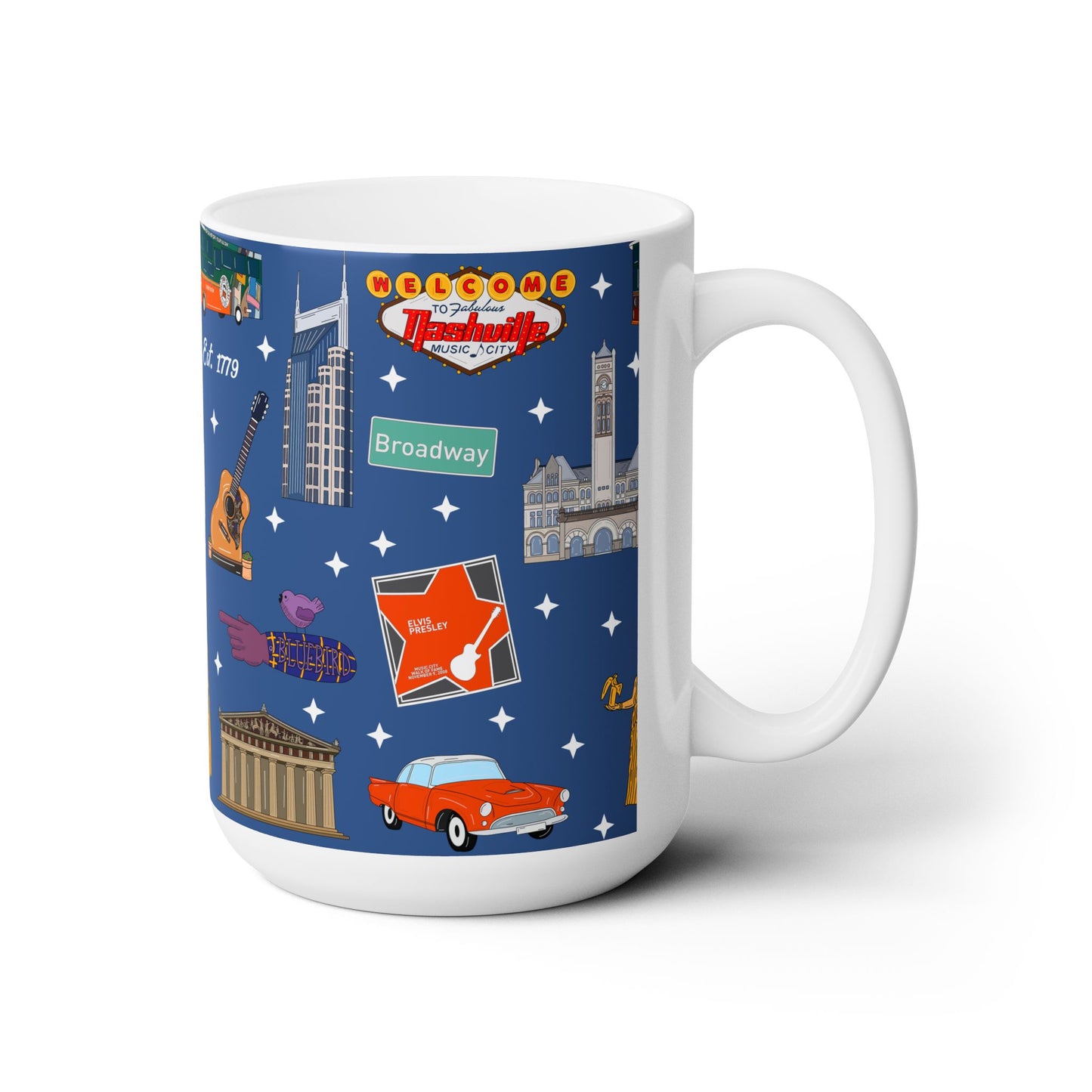 Ceramic Mug 15oz with Nashville, TN in denim