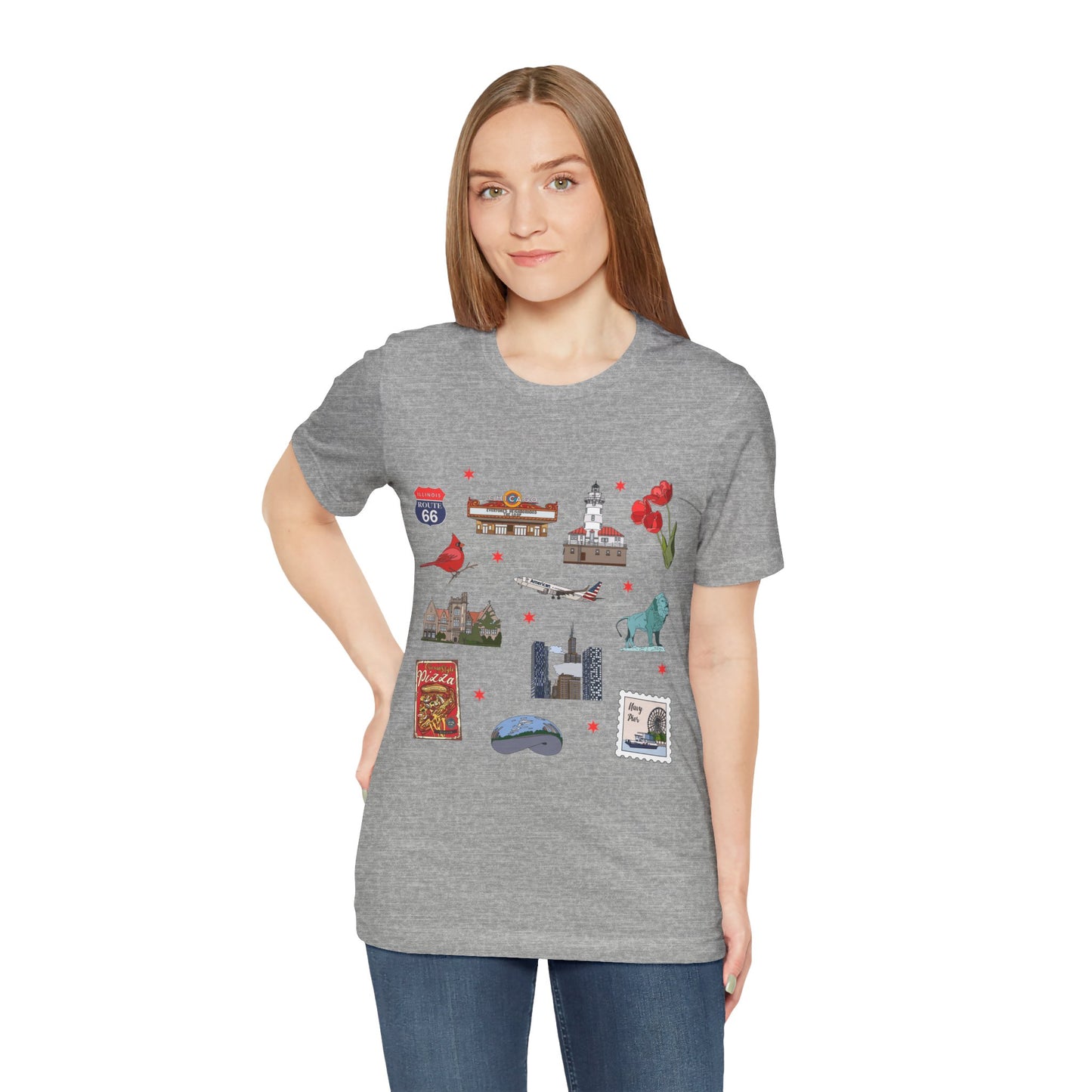 Unisex Jersey Short Sleeve Tee with Chicago, Illinois IL landmarks print