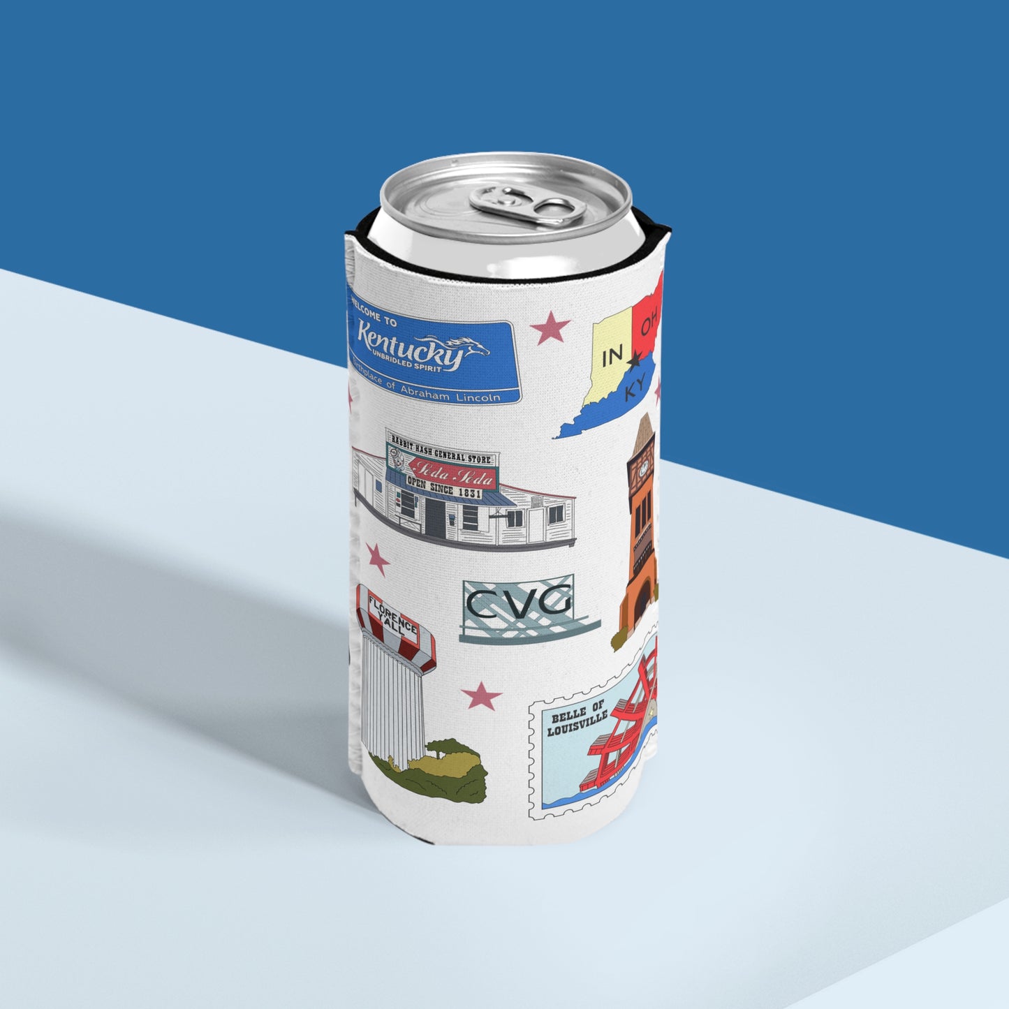 Slim Can Cooler with Florence, Covington & Burlington of Northern Kentucky KY, Indiana IN, Cincinnati Ohio OH