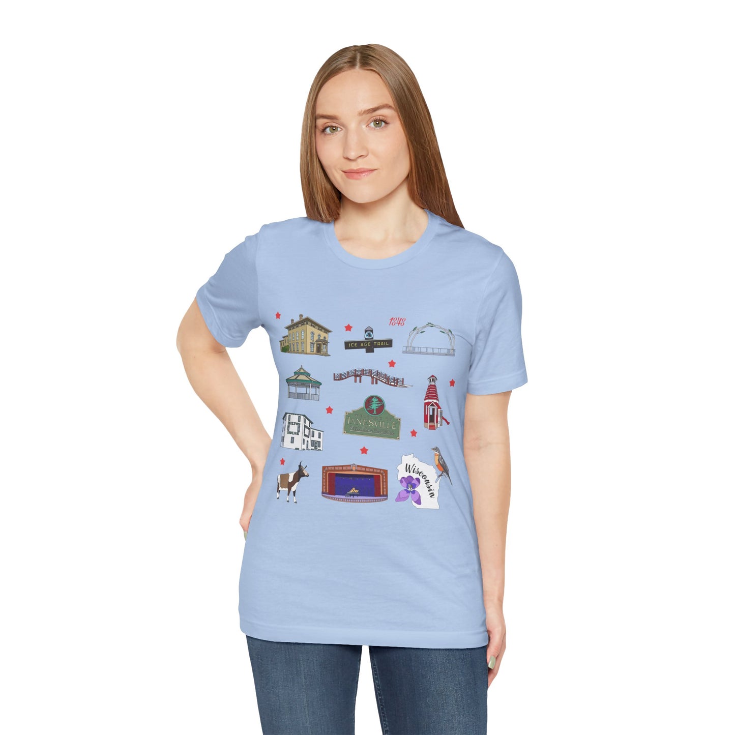 Unisex Jersey Short Sleeve Tee with Janesville, Wisconsin WI landmarks print