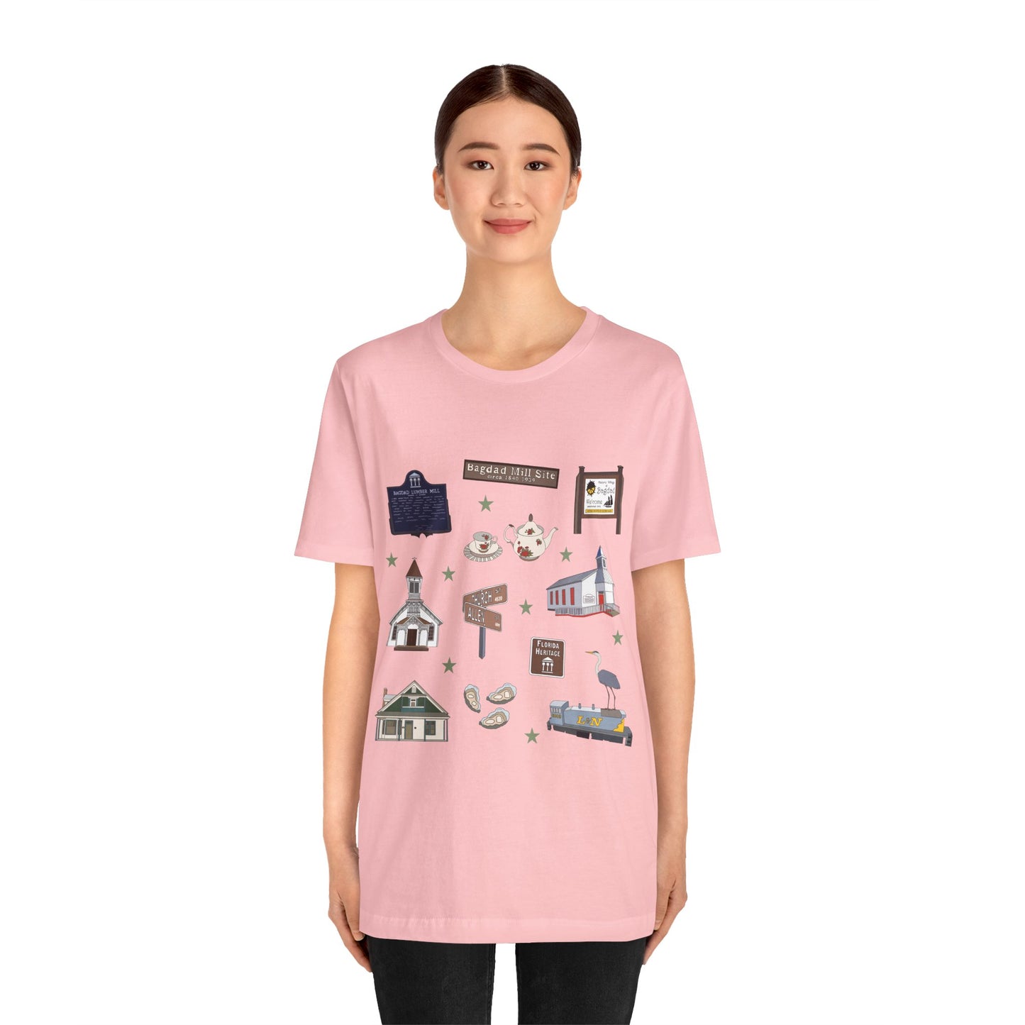 Unisex Jersey Short Sleeve Tee with Bagdad, Florida FL landmarks print