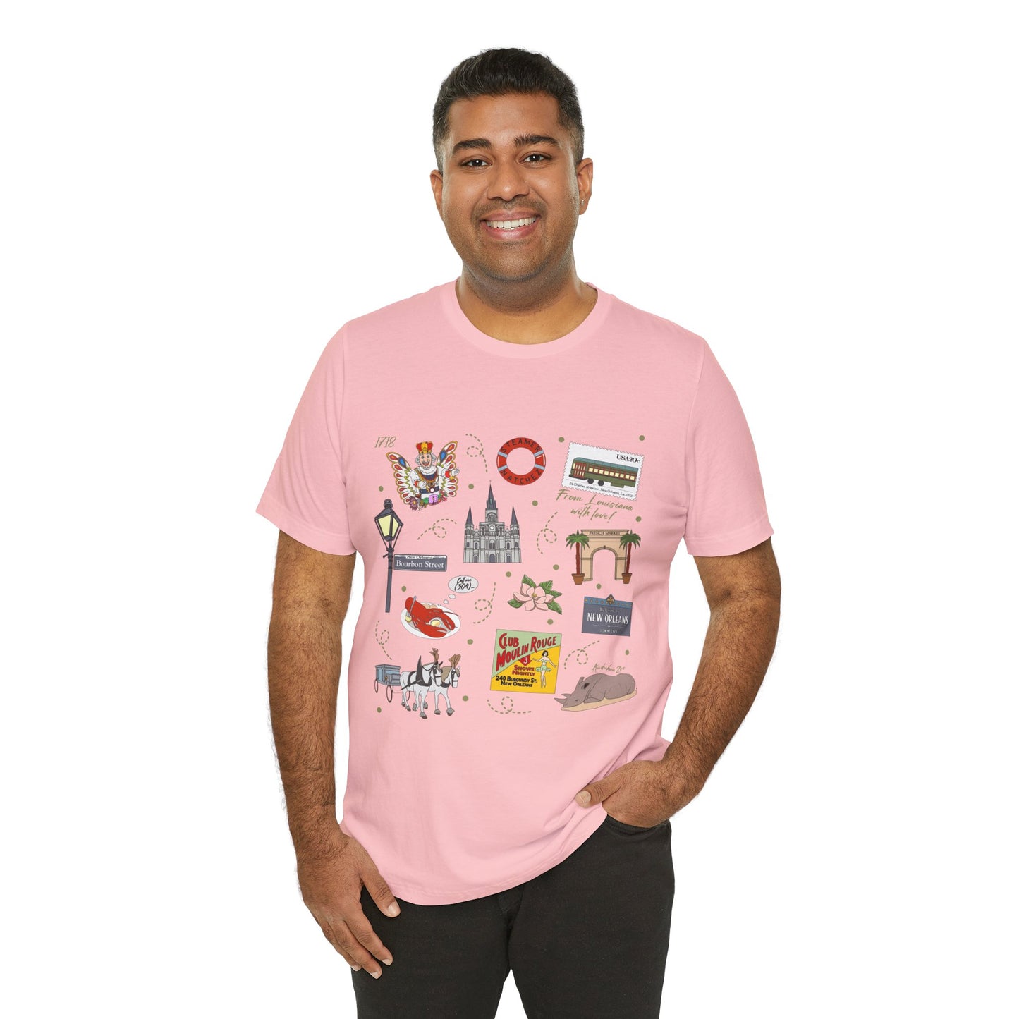 Unisex Jersey Short Sleeve Tee with New Orleans, Louisiana LA landmarks print
