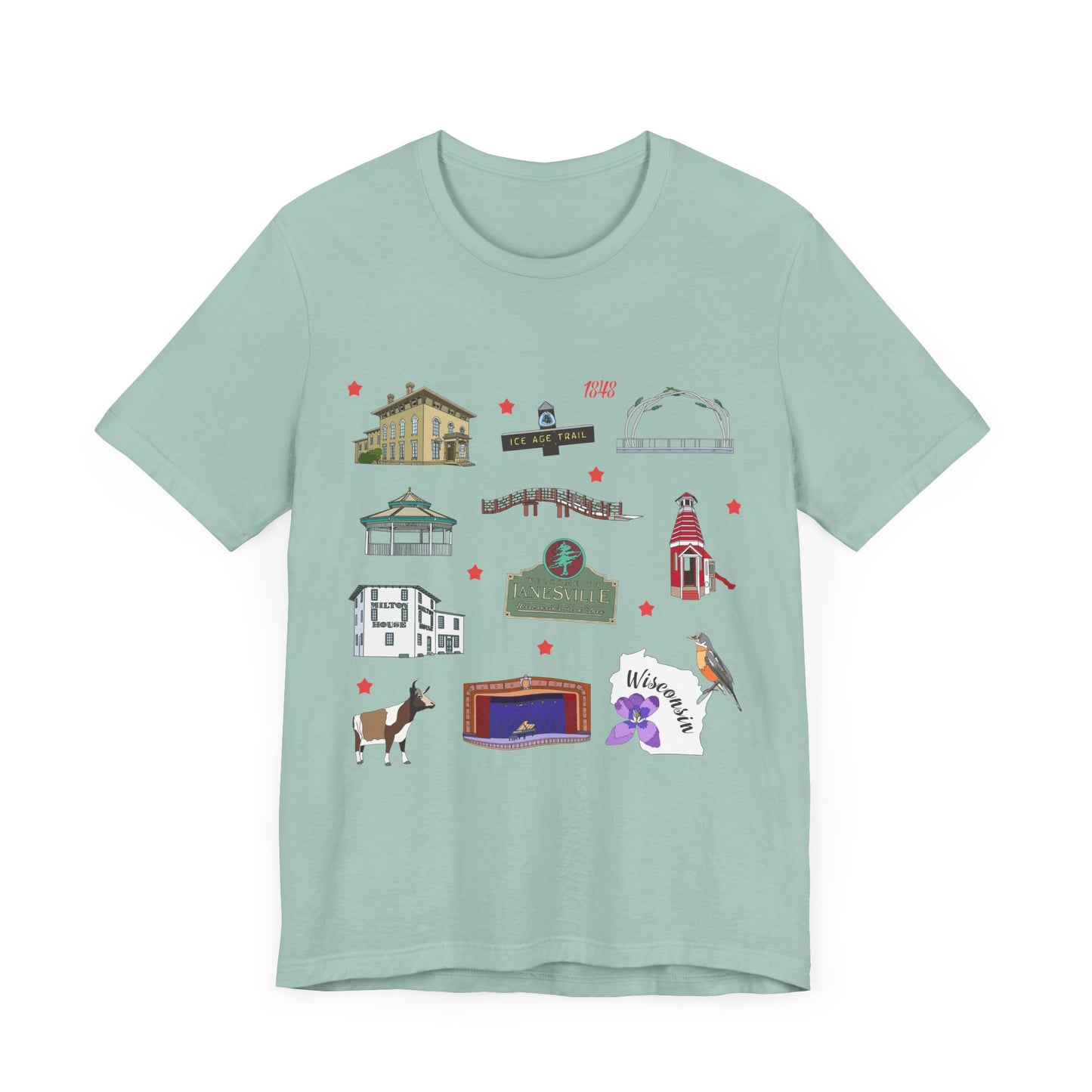Unisex Jersey Short Sleeve Tee with Janesville, Wisconsin WI landmarks print