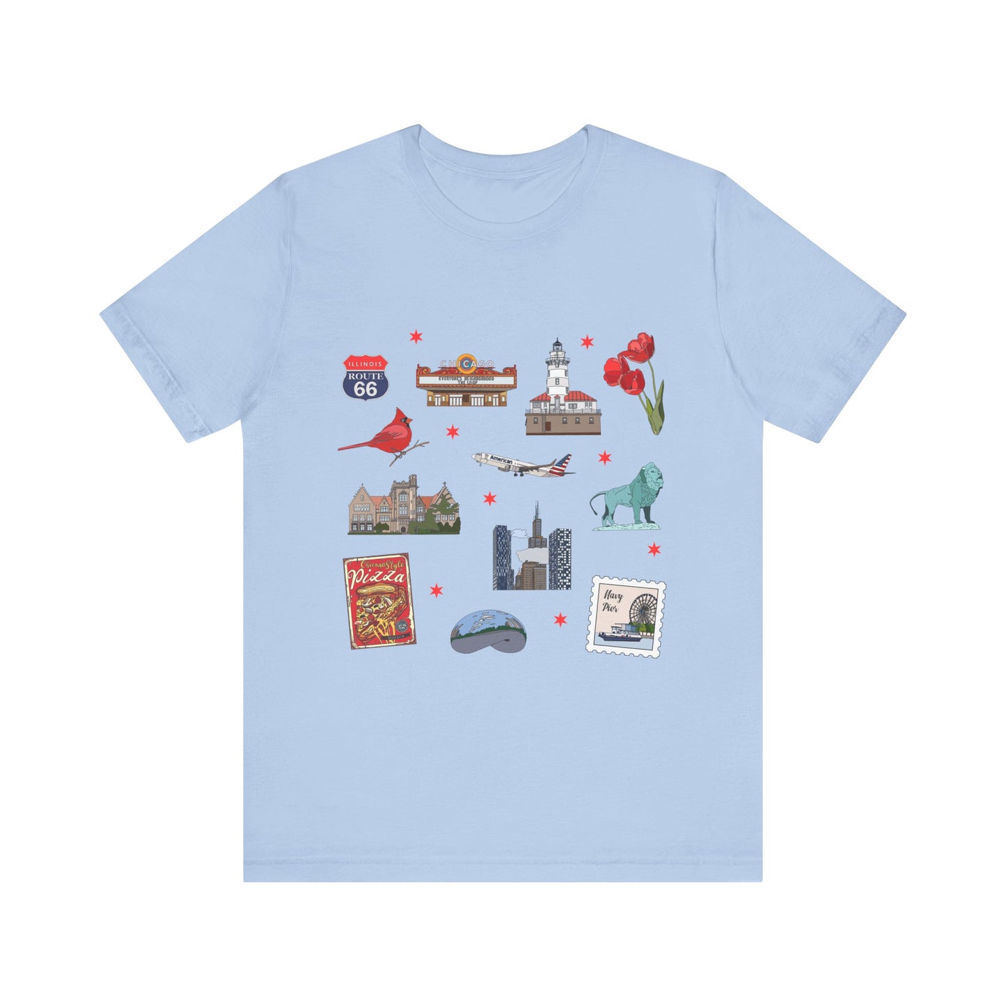 Unisex Jersey Short Sleeve Tee with Chicago, Illinois IL landmarks print