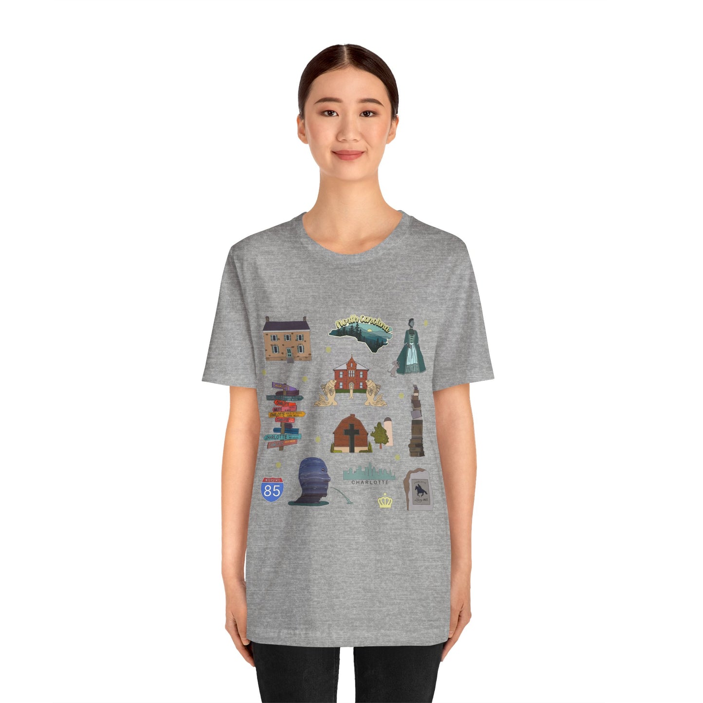 Unisex Jersey Short Sleeve Tee with Charlotte, North Carolina NC landmarks print