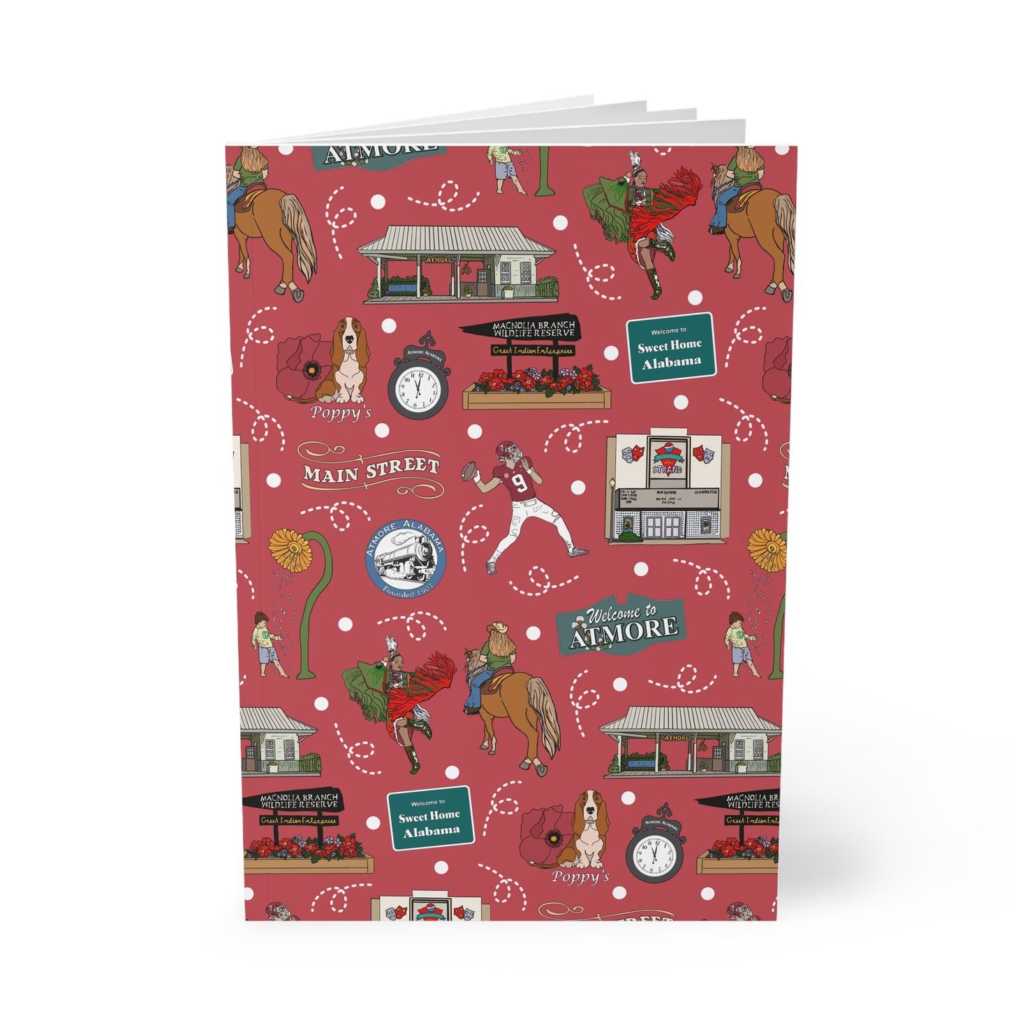 Paperback notebook with Atmore, AL landmarks in crimson 150 lined pages