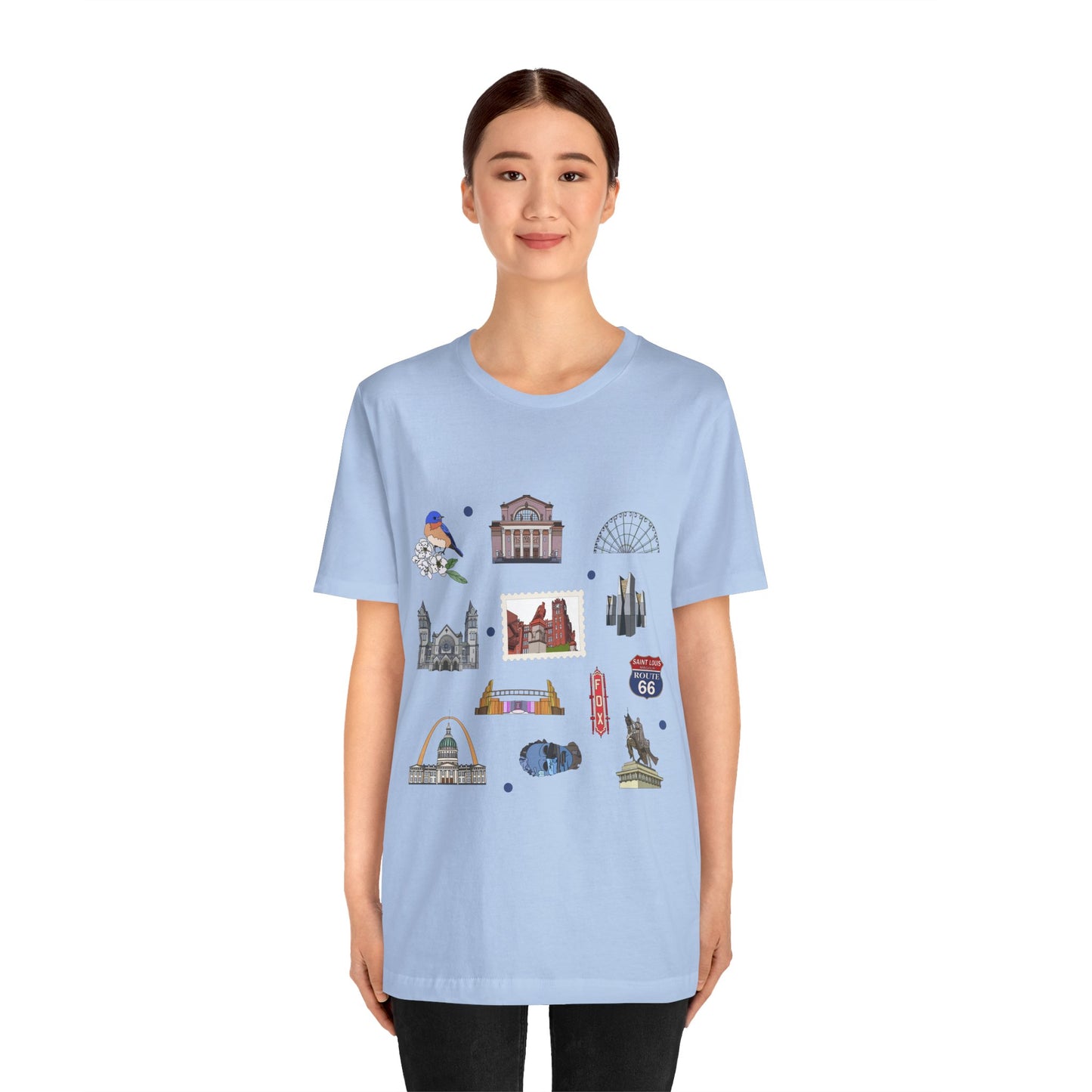 Unisex Jersey Short Sleeve Tee with St. Louis, Missouri MO landmarks print