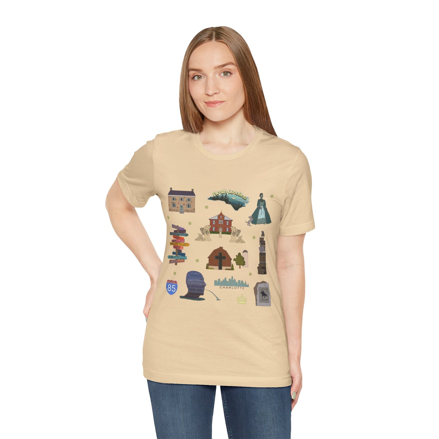 Unisex Jersey Short Sleeve Tee with Charlotte, North Carolina NC landmarks print