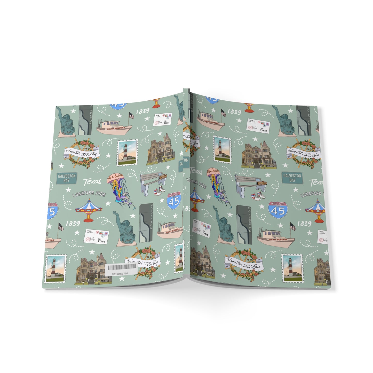 Paperback notebook with Galveston, Texas TX landmarks in seafoam 150 lined pages