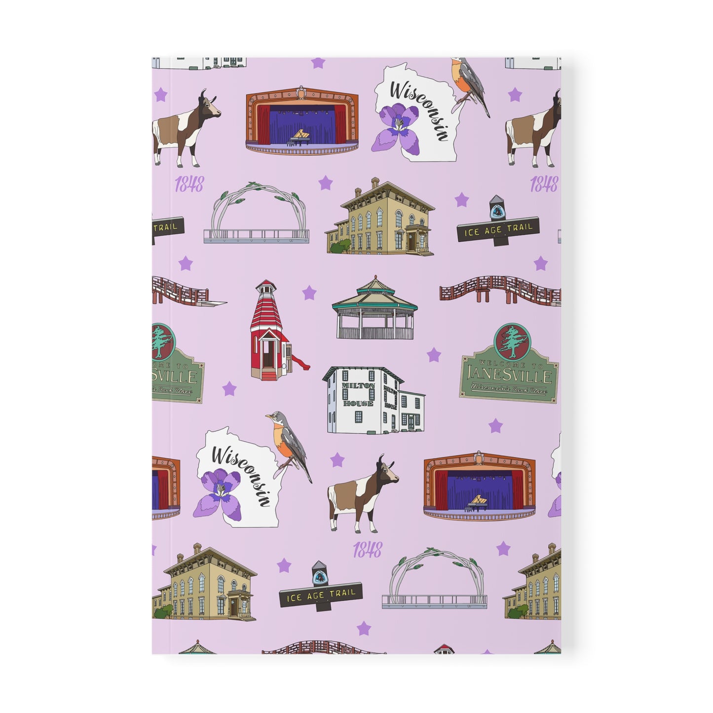 Paperback notebook with Janesville, Wisconsin WI landmarks in lilac 150 lined pages
