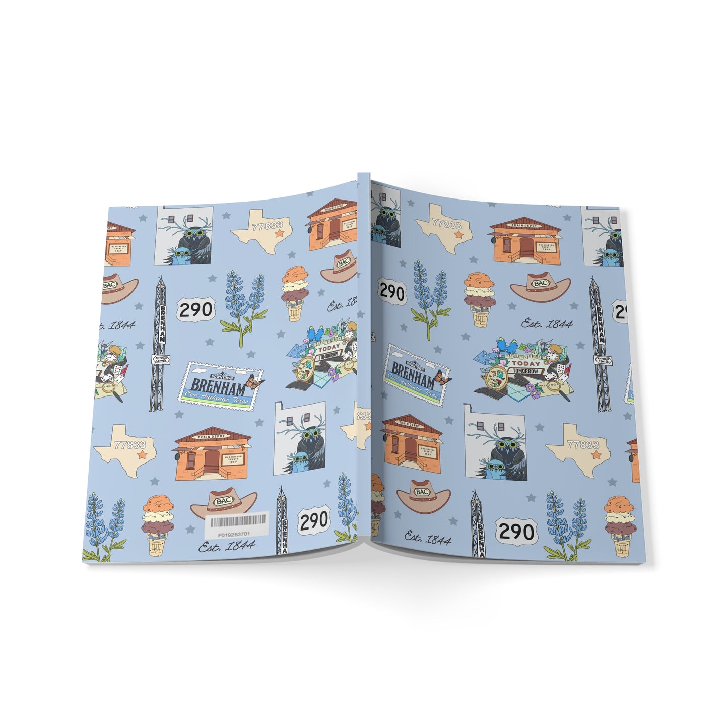 Paperback notebook with Brenham, TX landmarks in blue 150 lined pages