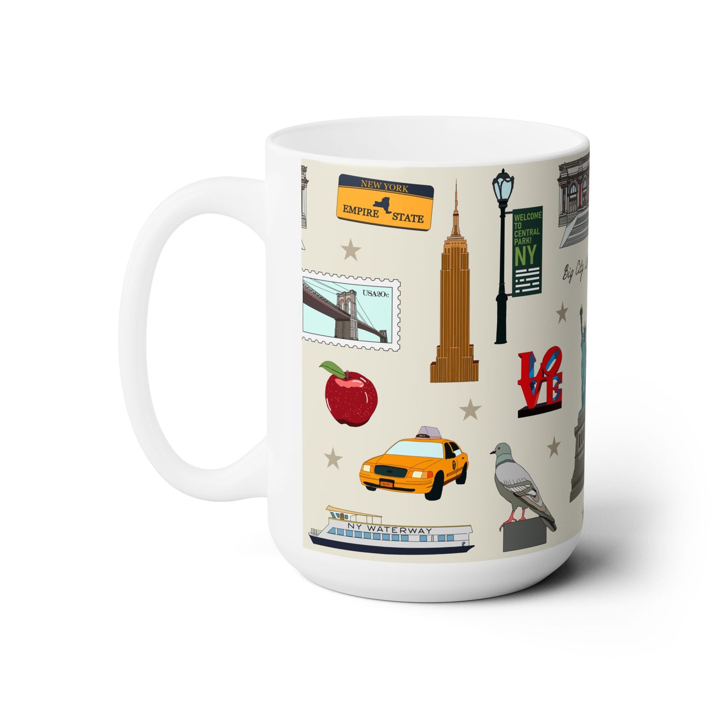 Ceramic Mug 15oz with New York City, Manhattan, Brooklyn NY in ivory