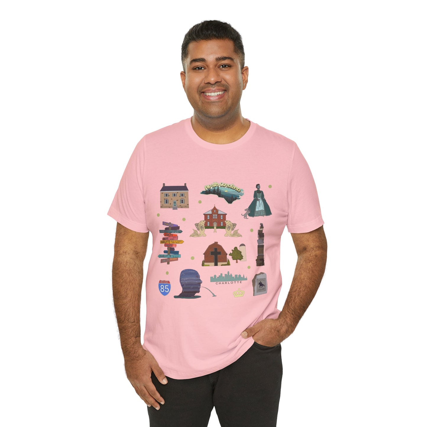 Unisex Jersey Short Sleeve Tee with Charlotte, North Carolina NC landmarks print