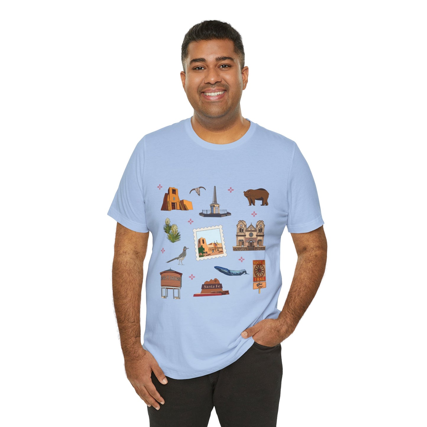 Unisex Jersey Short Sleeve Tee with Santa Fe, New Mexico NM landmarks print