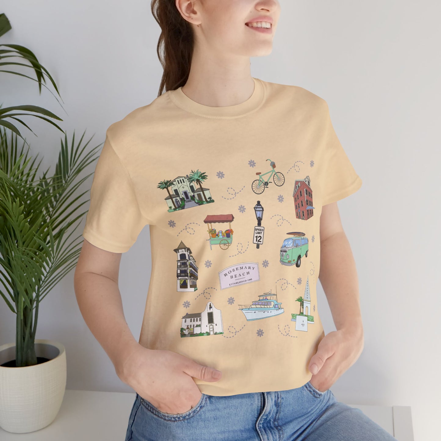 Unisex Jersey Short Sleeve Tee with Rosemary & Alys Beaches of 30A Florida FL landmarks print