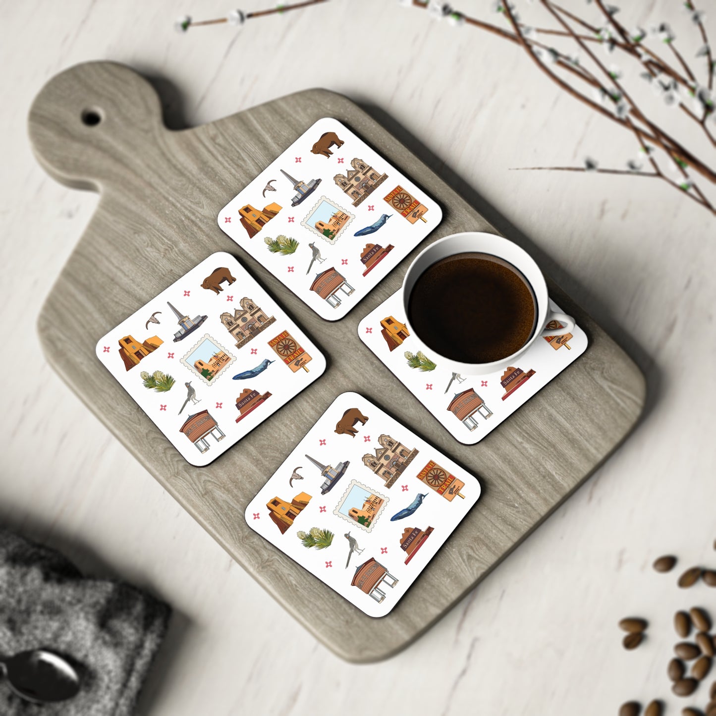 Set of 4 Ceramic Mug Coasters with Santa Fe, New Mexico NM