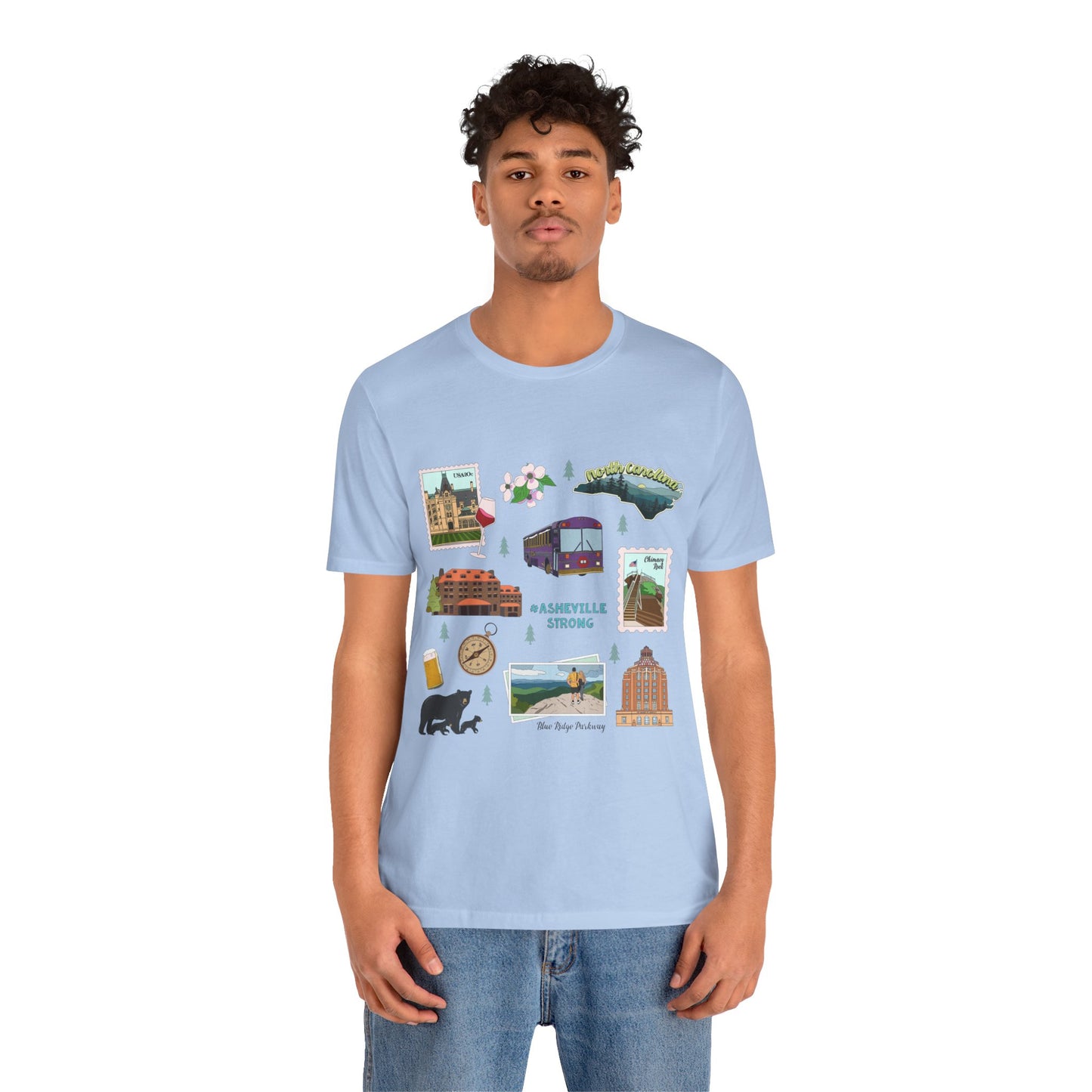 Unisex Jersey Short Sleeve Tee with Asheville, North Carolina NC landmarks print