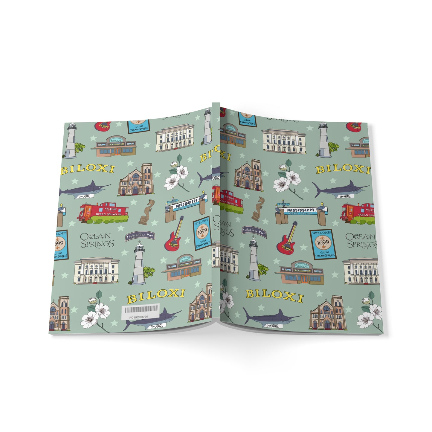Paperback notebook with Biloxi & Ocean Springs, Mississippi MS landmarks in sage 150 lined pages