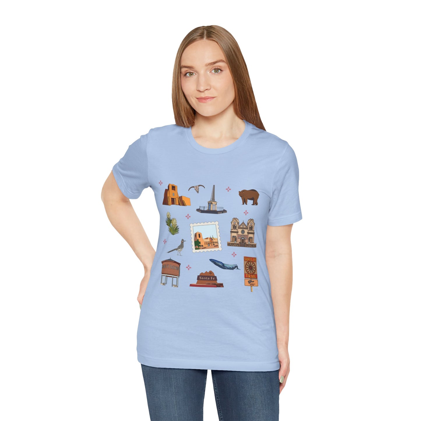 Unisex Jersey Short Sleeve Tee with Santa Fe, New Mexico NM landmarks print