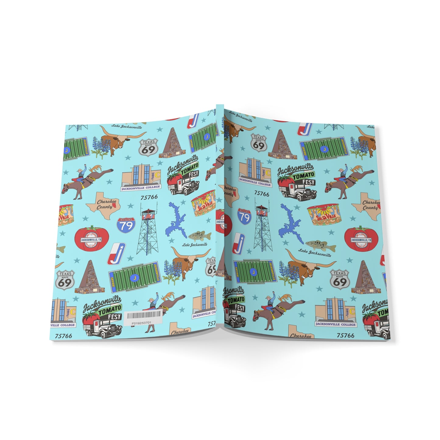 Paperback notebook with Jacksonville, TX landmarks in blue 150 lined pages
