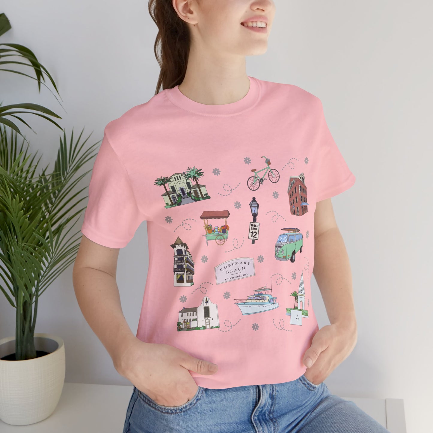Unisex Jersey Short Sleeve Tee with Rosemary & Alys Beaches of 30A Florida FL landmarks print