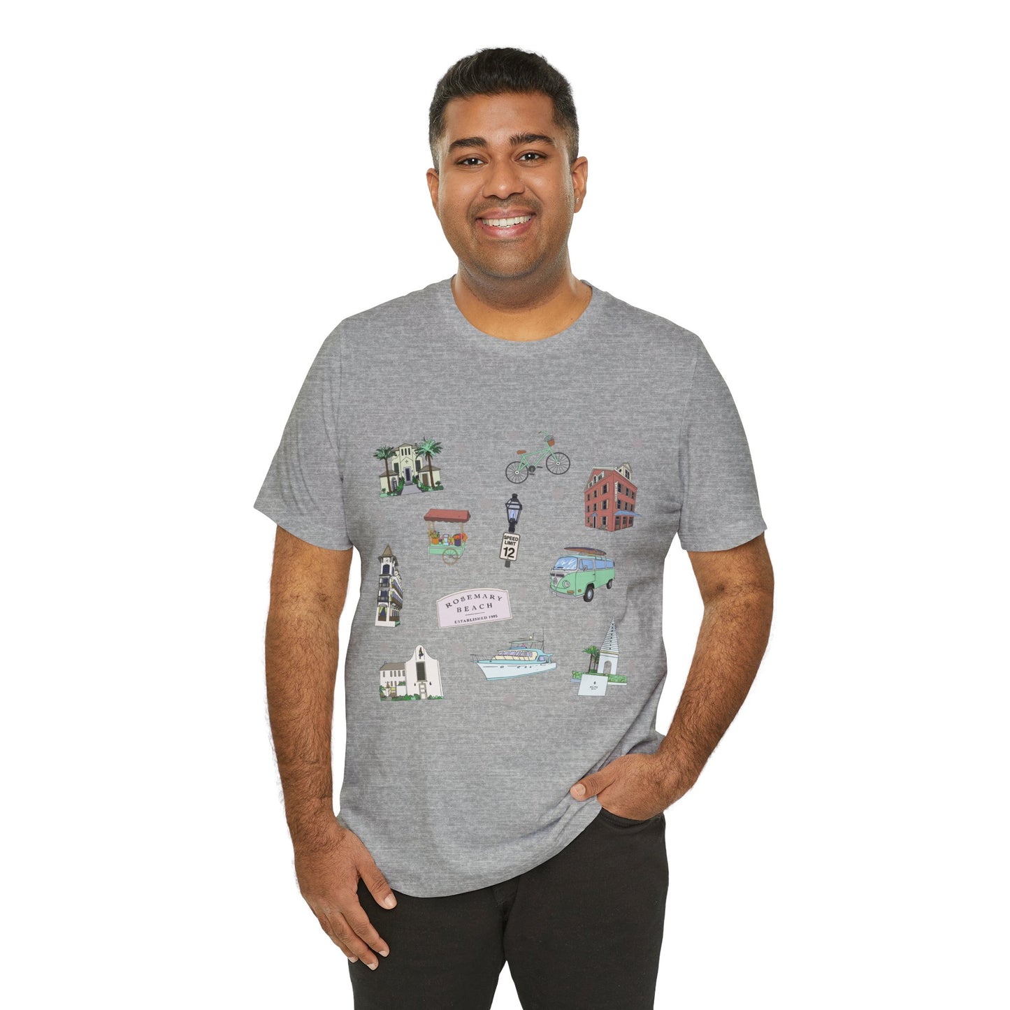 Unisex Jersey Short Sleeve Tee with Rosemary & Alys Beaches of 30A Florida FL landmarks print