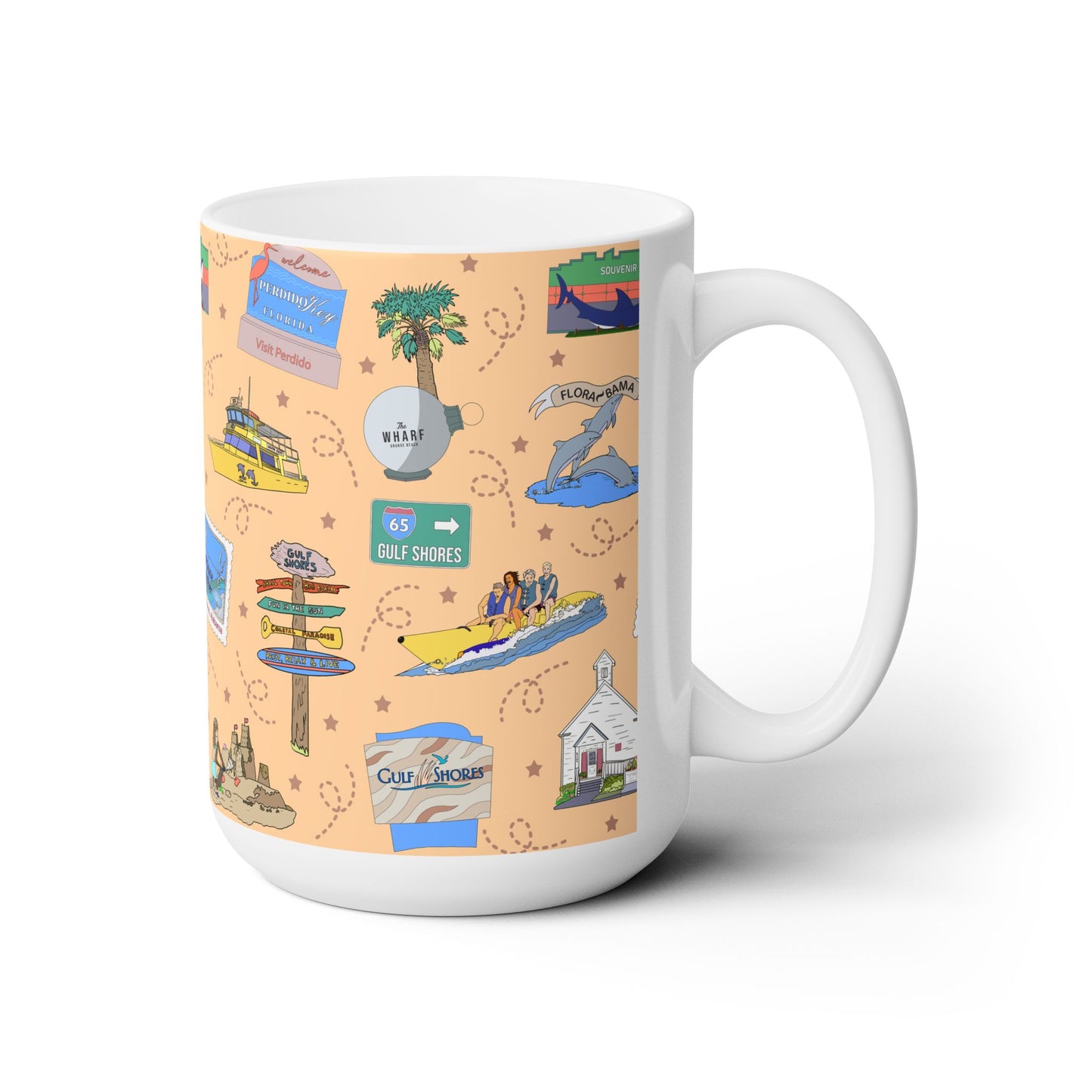 Ceramic Mug 15oz with Gulf Shores, Orange Beach of Alabama AL & Perdido Key of Florida FL in peach