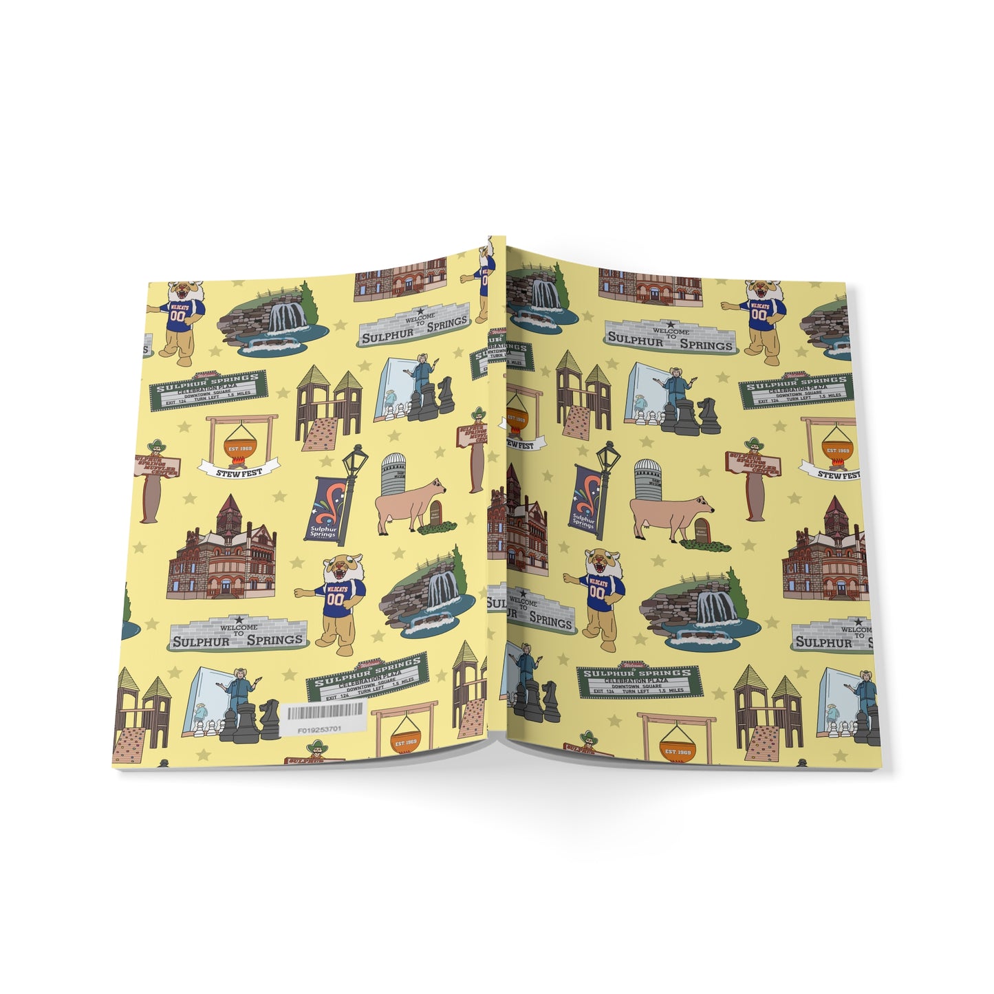 Paperback notebook with Sulphur Springs, Texas TX landmarks in gold 150 lined pages