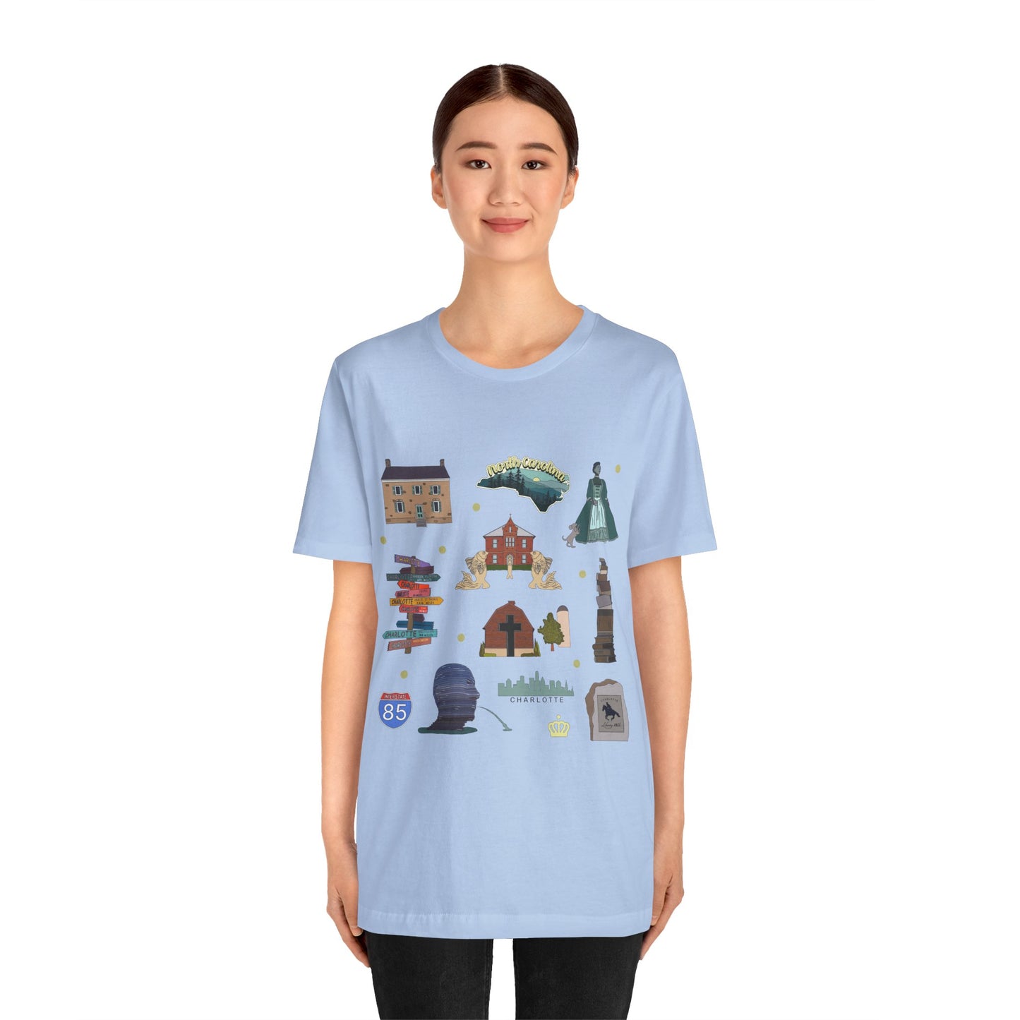 Unisex Jersey Short Sleeve Tee with Charlotte, North Carolina NC landmarks print