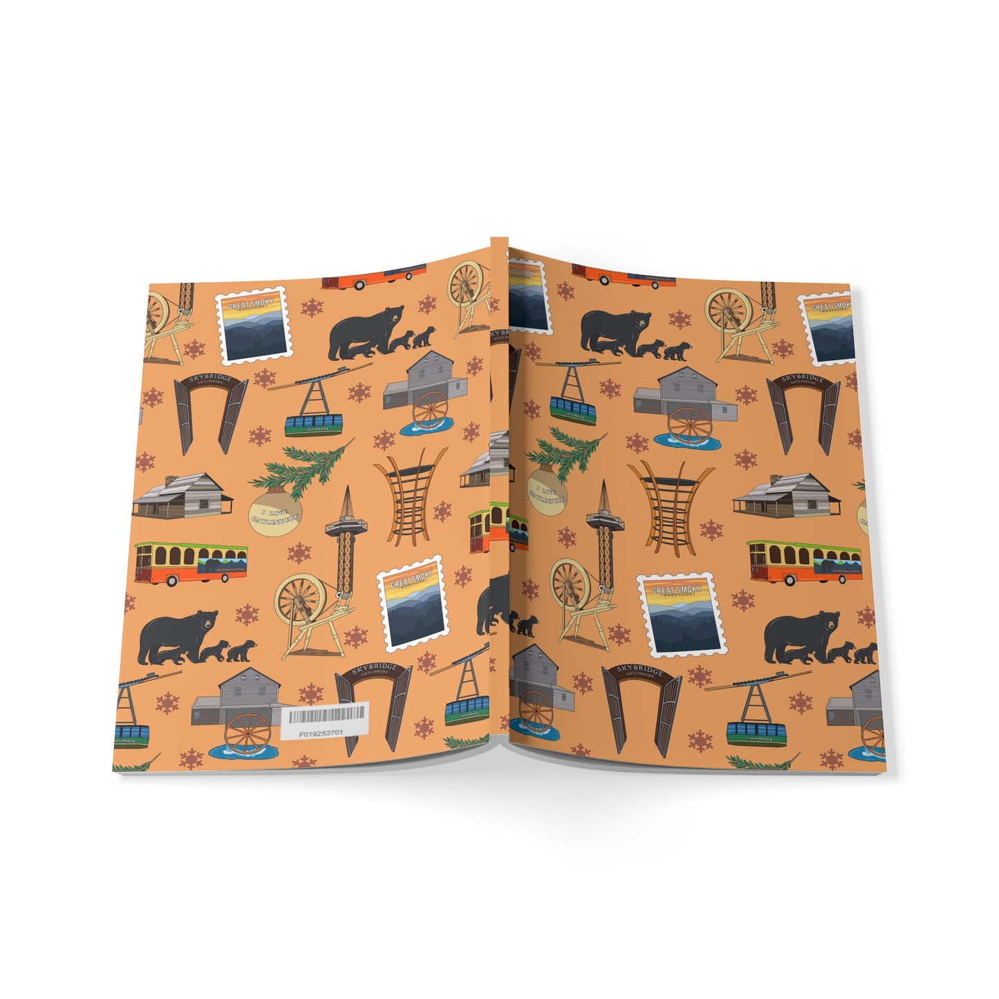 Paperback notebook with Gatlinburg, TN and the Great Smoky Mountains landmarks in burnt orange 150 lined pages