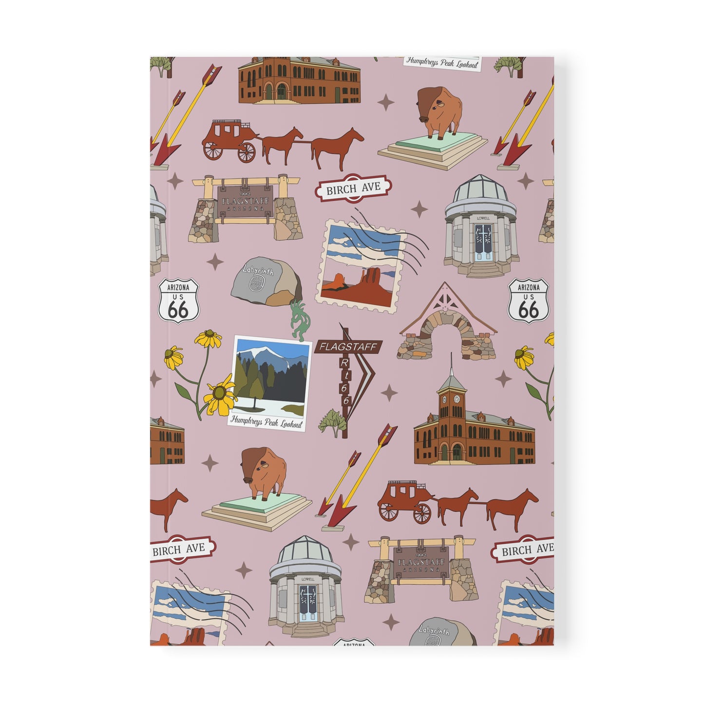 Paperback notebook with Flagstaff, AZ landmarks in mauve 150 lined pages