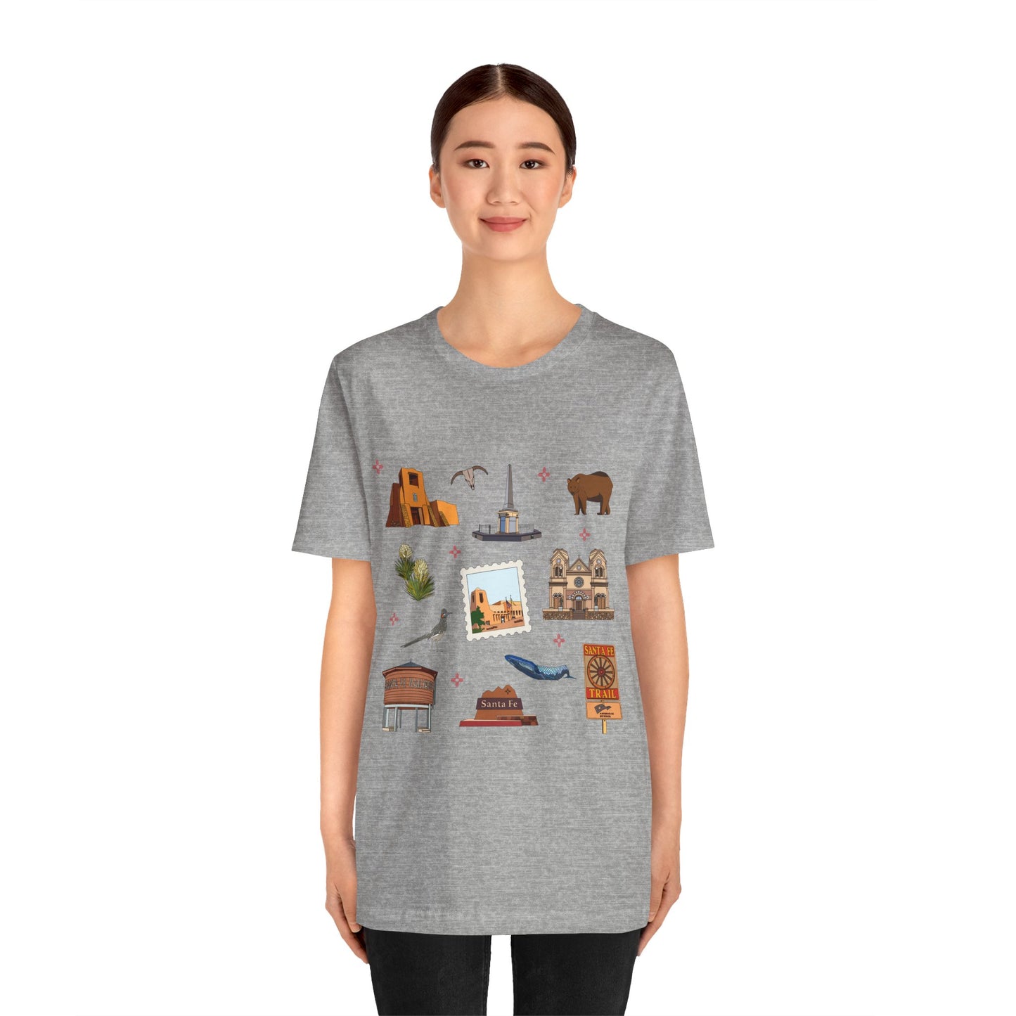 Unisex Jersey Short Sleeve Tee with Santa Fe, New Mexico NM landmarks print