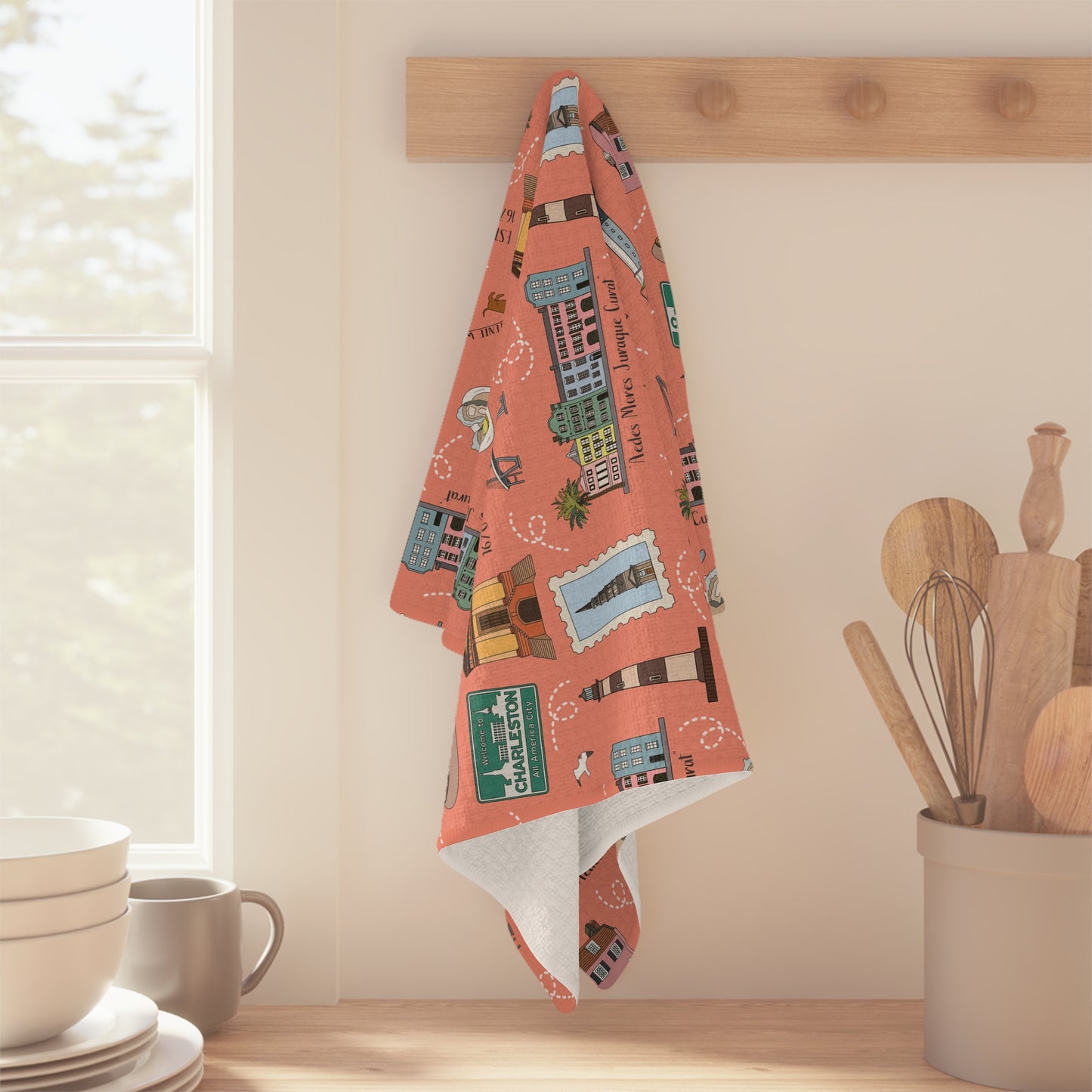 Kitchen Towel with Charleston, SC in coral