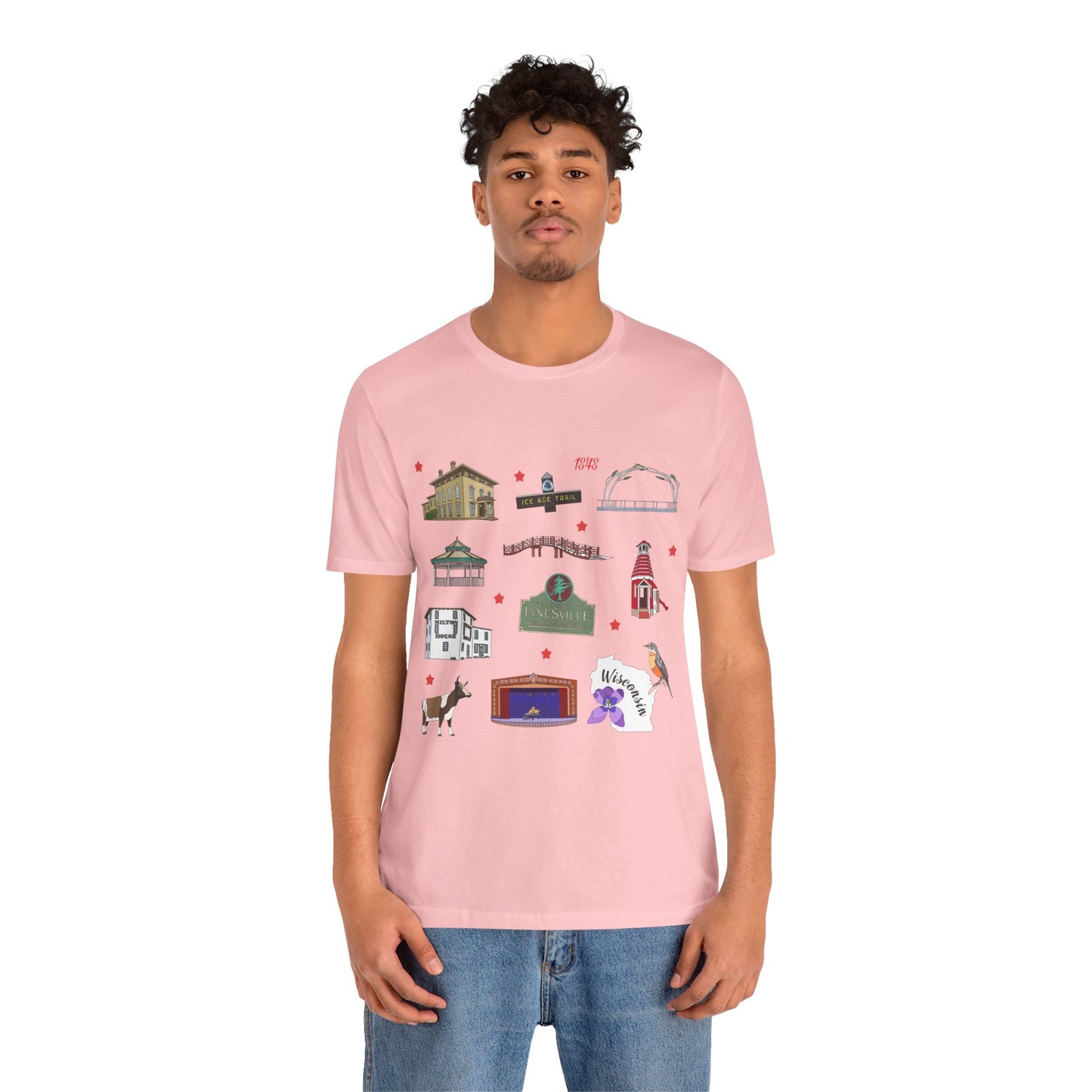 Unisex Jersey Short Sleeve Tee with Janesville, Wisconsin WI landmarks print