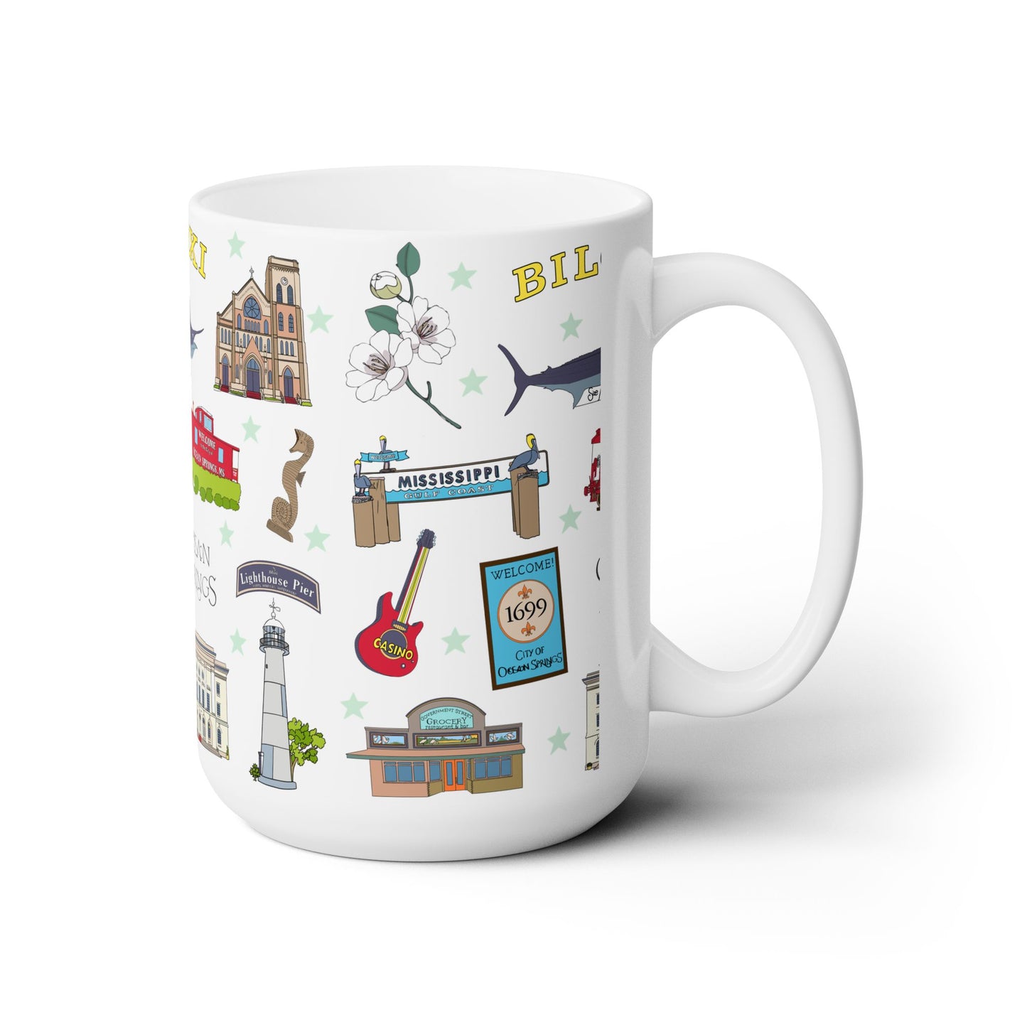 Ceramic Mug 15oz with Biloxi & Ocean Springs, Mississippi MS in white
