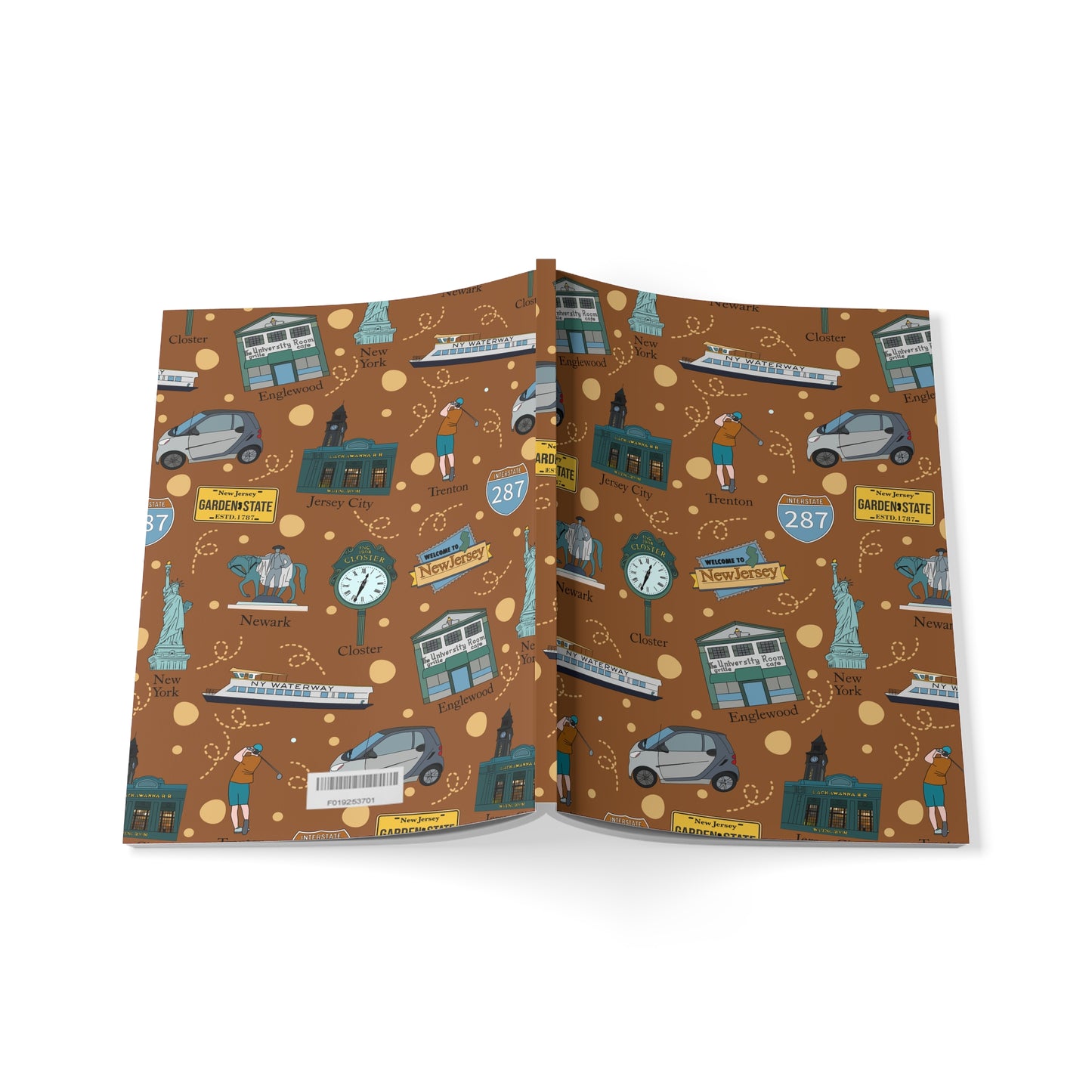 Paperback notebook with New Jersey cities, NJ Trenton, Closter, Englewood, Newark, Hoboken landmarks in brown 150 lined pages