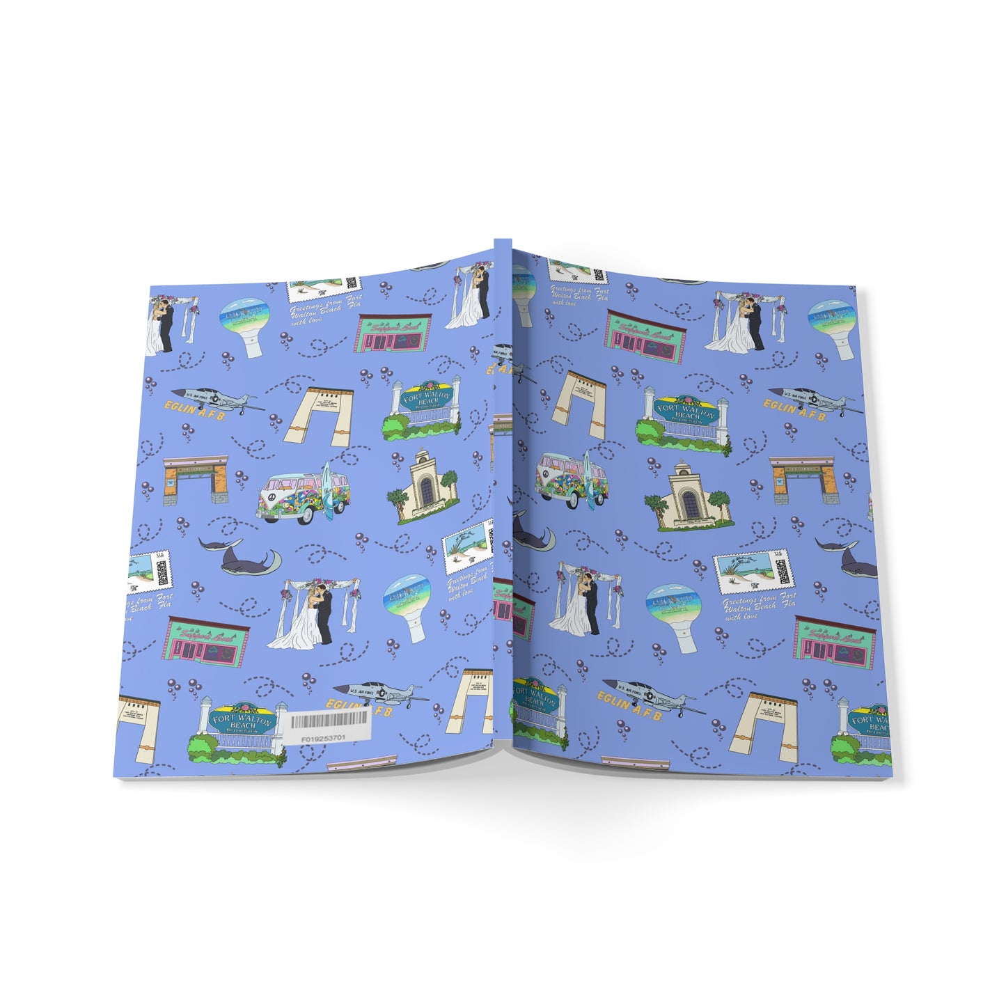 Paperback notebook with Fort Walton Beach, Florida FL landmarks in blueberry 150 lined pages