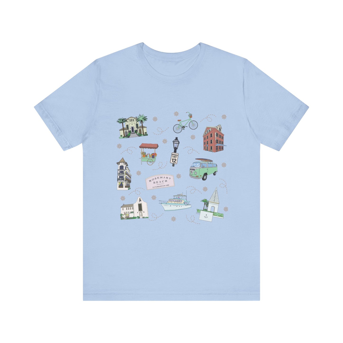 Unisex Jersey Short Sleeve Tee with Rosemary & Alys Beaches of 30A Florida FL landmarks print