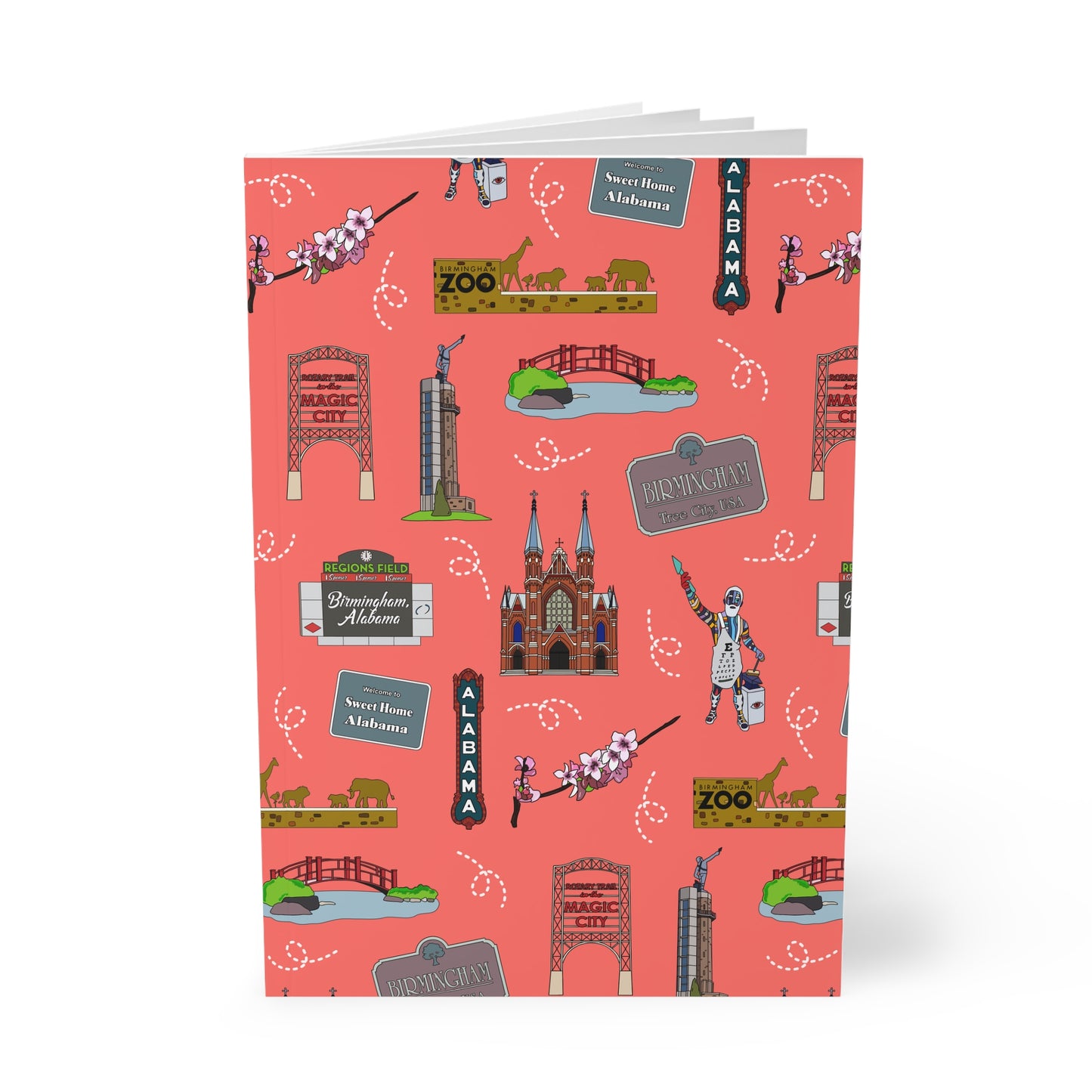 Paperback notebook with Birmingham, AL landmarks in salmon 150 lined pages