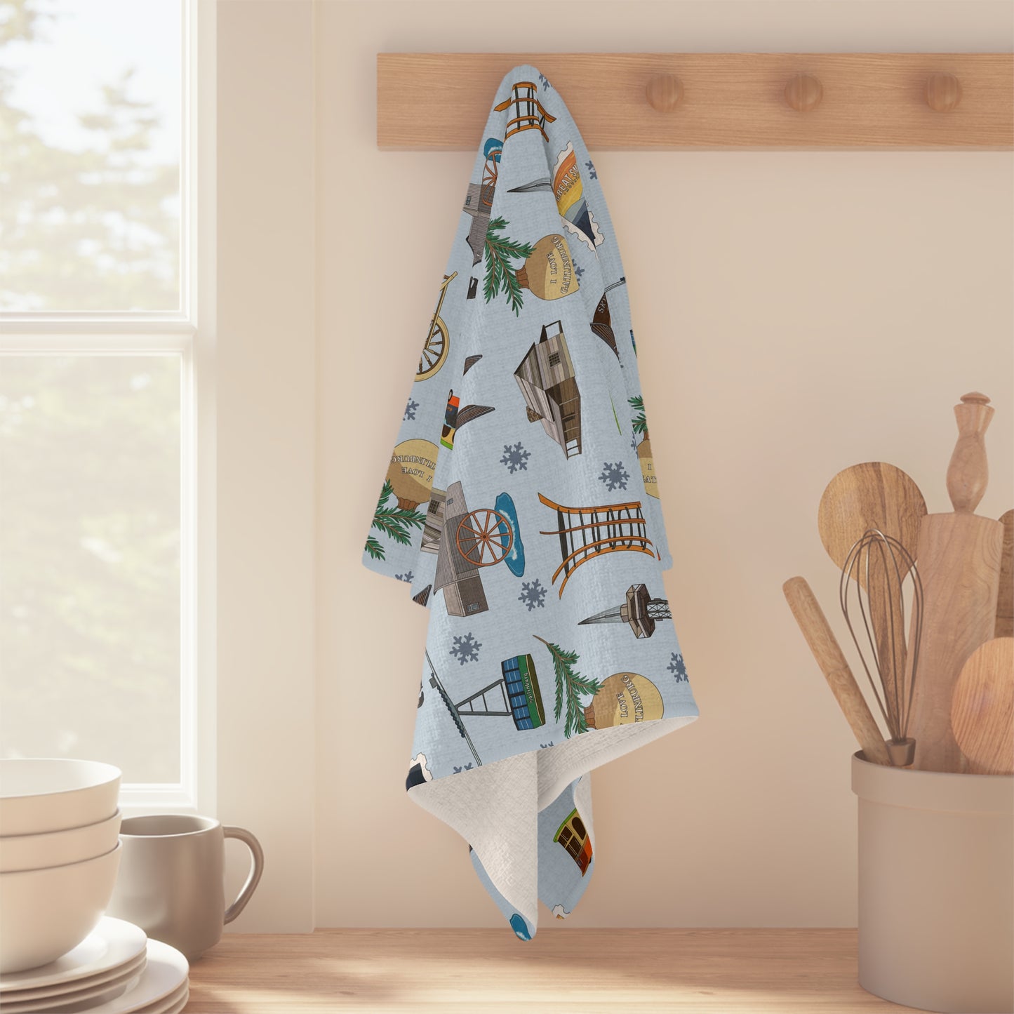 Kitchen Towel with Gatlinburg, TN and the Great Smoky Mountains in iced blue