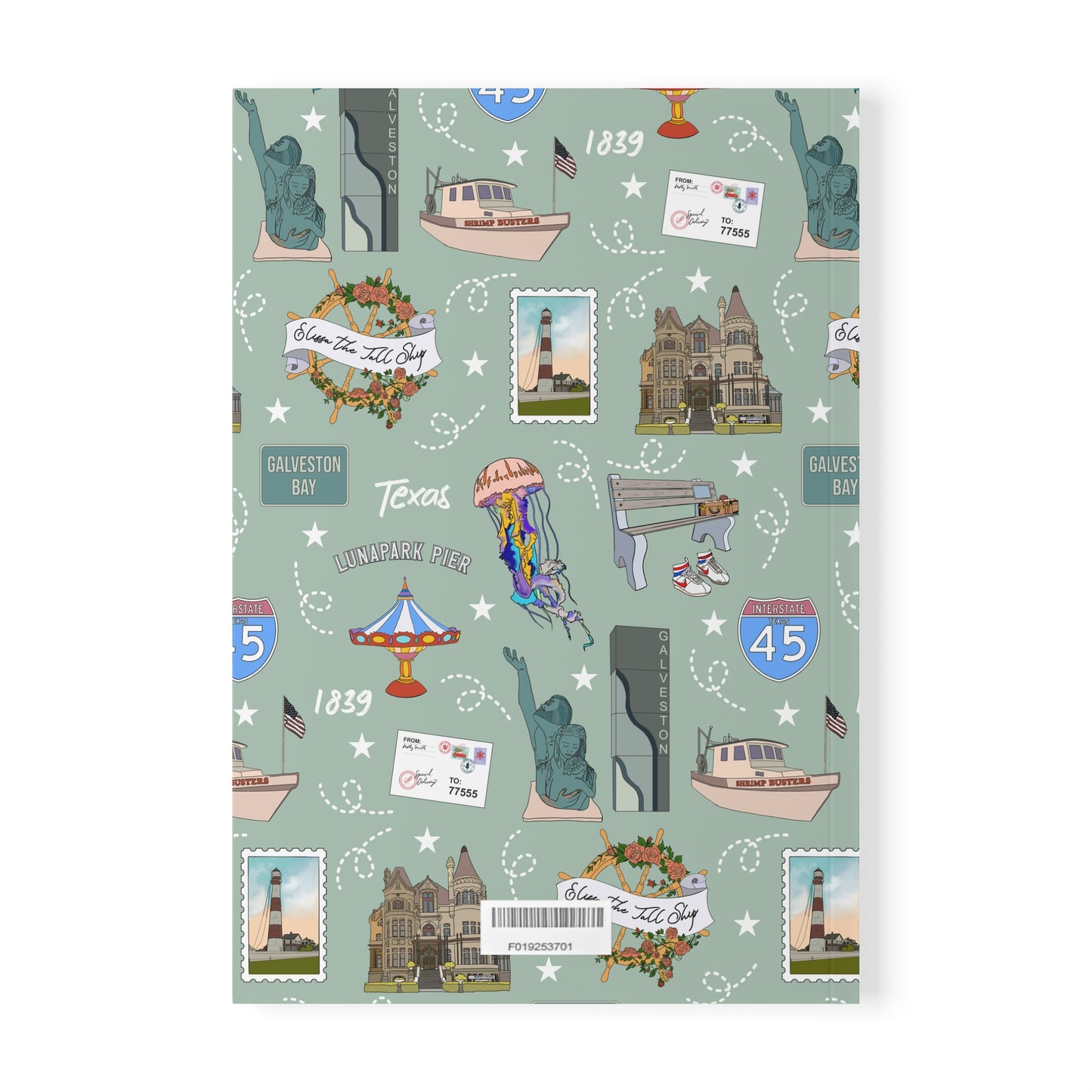 Paperback notebook with Galveston, Texas TX landmarks in seafoam 150 lined pages