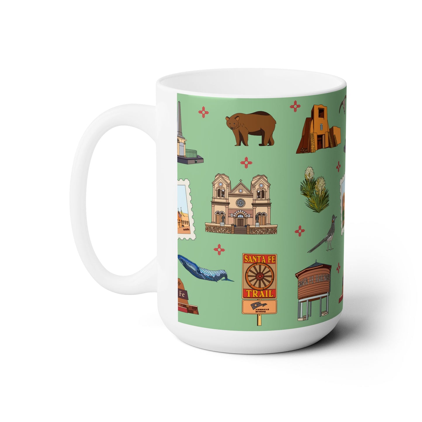 Ceramic Mug 15oz with Santa Fe, New Mexico NM in green tea